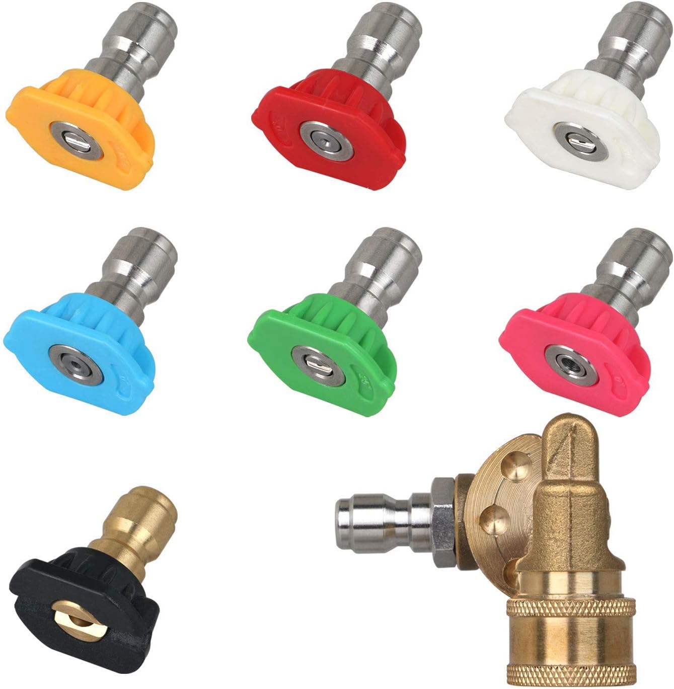 Naliovker Universal Power Pressure Washer Nozzle Tips And Quick Connect Pivot Coupler 180 Degrees With 5 Rotation Angles, Soap And Rinse Jet Stream Tips Kit, 1/4 Inch, 2.5 Gpm