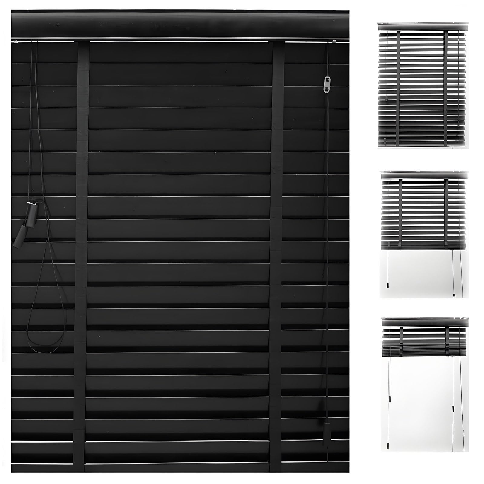 Cordless Window Blinds for Indoor Wooden, Horizontal Kitchen Window Shades Blackout Waterproof 2 inch Faux Wood Blind for Camping Bedroom Bathroom Living Room W 10-80 in H 20-100 in(Black)