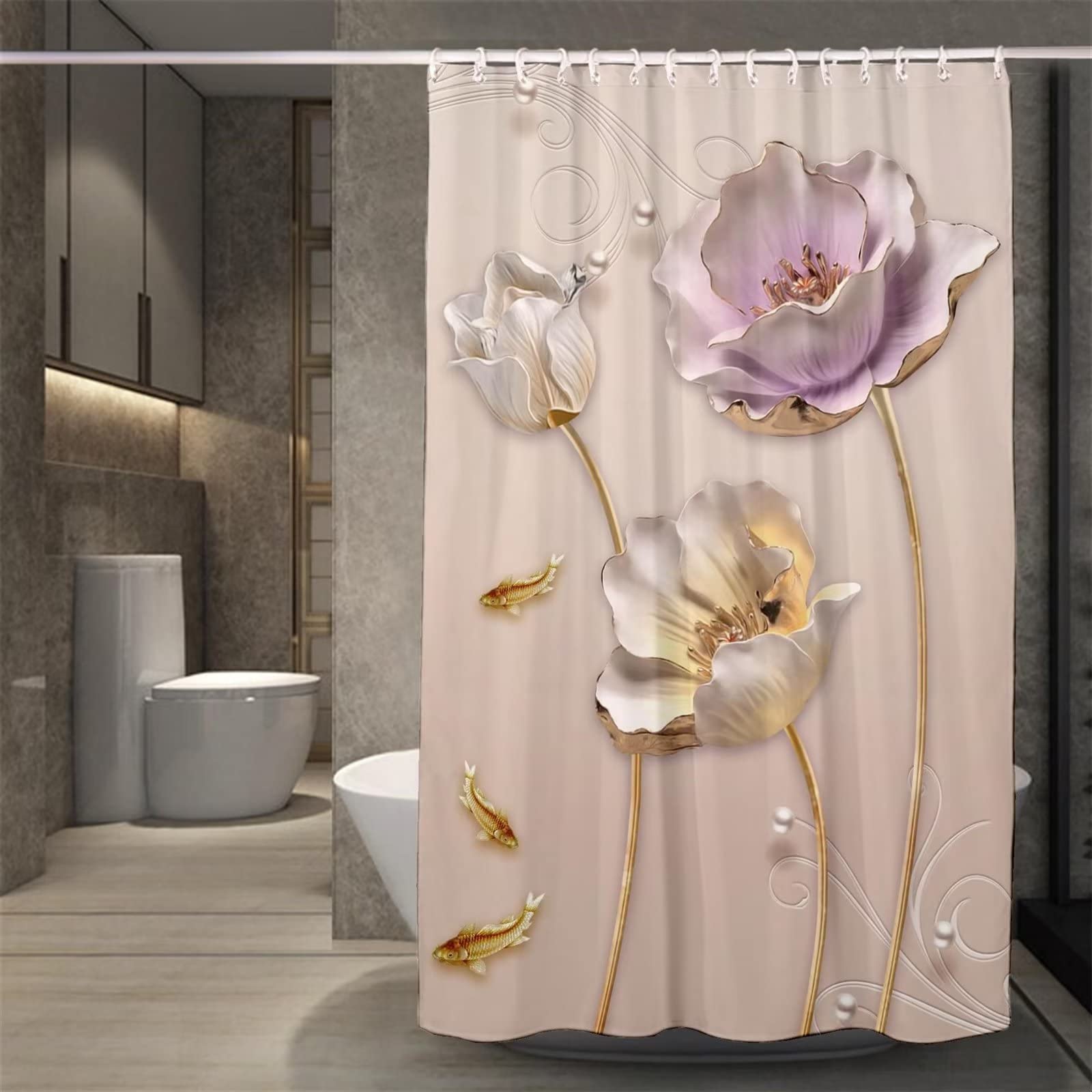 Roogsoo Shower Curtain Lotus Flower W300cm x L180cm, Waterproof Bathroom Shower Curtains Set With Hooks & Weighted Hem, Polyester Fabric Bathtub Curtains for Home Hotel Dorm Bath Tub Shower Stall