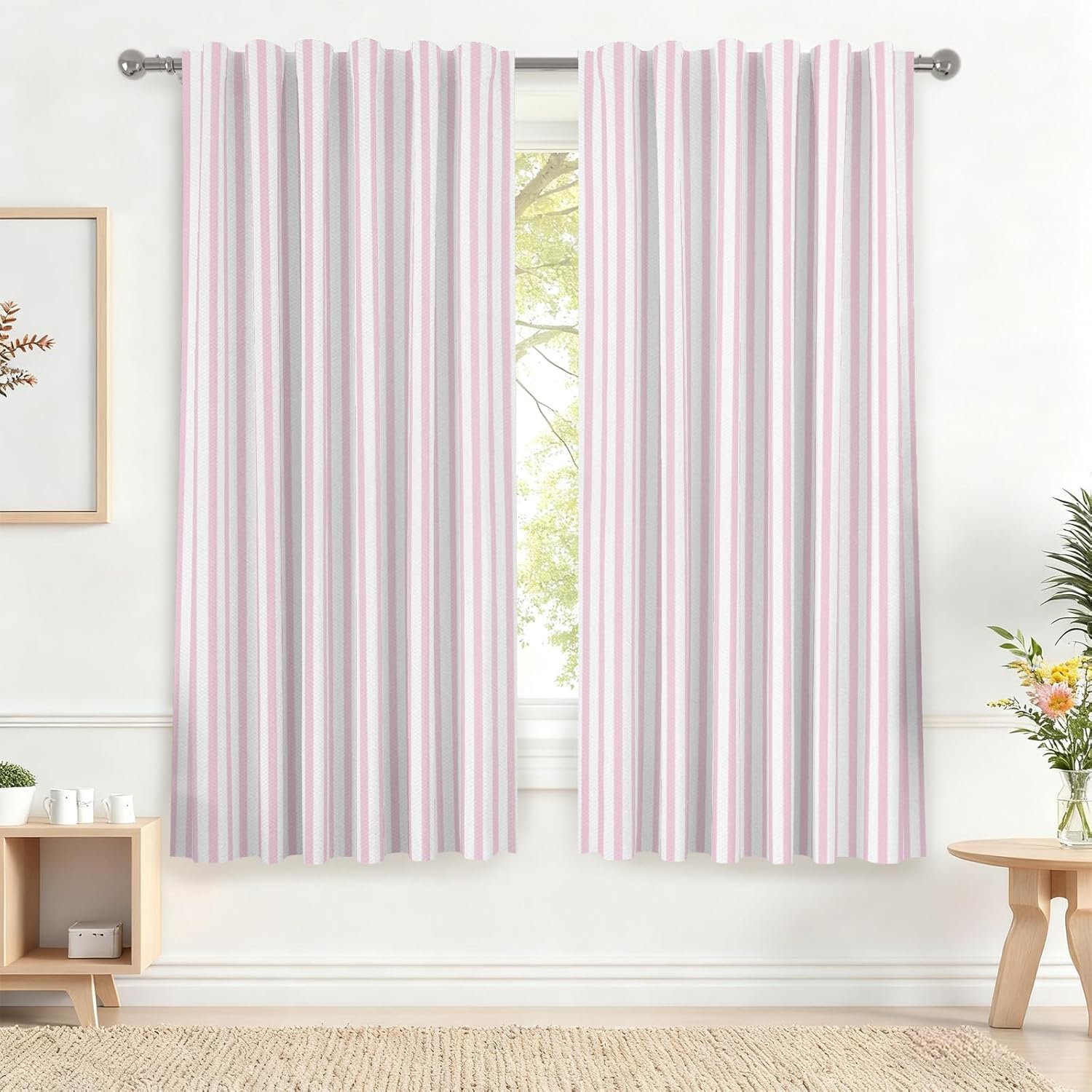Renaiss 26 x 54 Inch Striped Short Curtains for Kitchen Windows Over Sink Country Taupe Pinstripe Curatin Linen Farmhouse Cafe Bathroom Small Curtains Rod Pocket Window Treatment Tiers 2 Panels