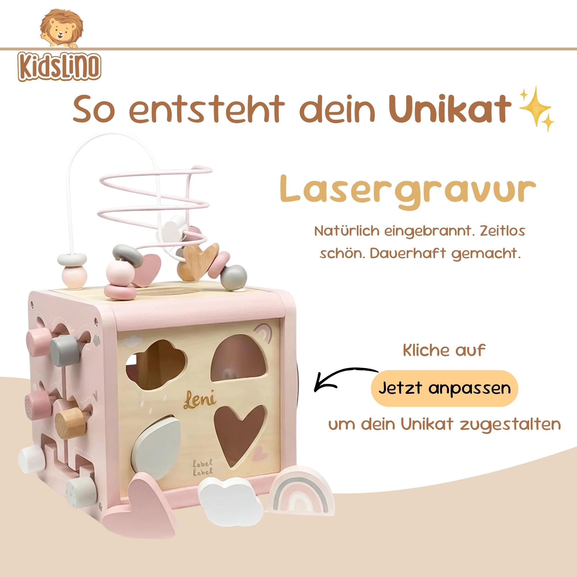 Motorikwürfel aus Holz personalisiert – Rosa – Spielzeug ab 12 Monate – Geschenk für Babys & Kleinkinder