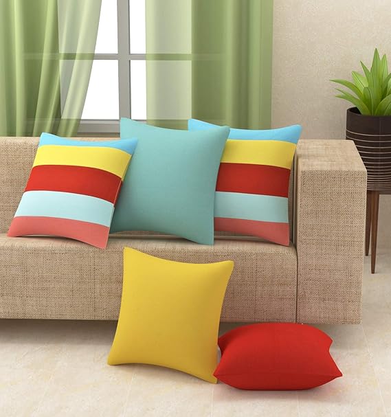 Yellow Weaves Cotton Canvas Decorative Cushion Covers (16 X 16 Inches) Set of 5, Multi Colour