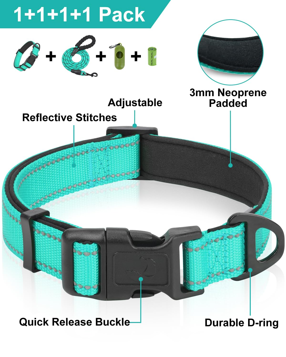 Dynmeow Reflective Dog Collar and Leash Set, 6FT Strong Climbing Rope Leash with Padded Handle, Adjustable Pet Collar with Soft Neoprene Padding for Large Dogs, Teal, L