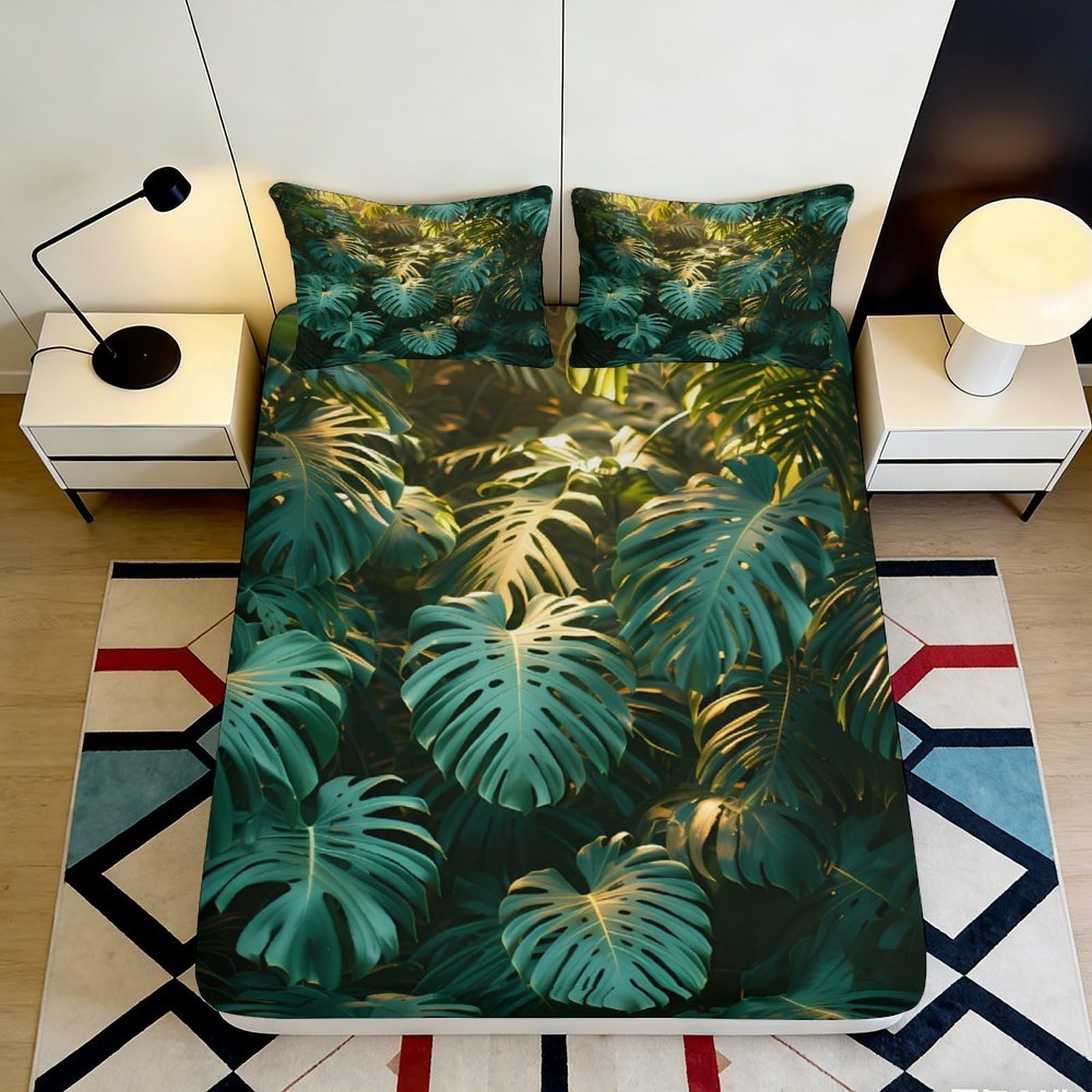 3D Printed Tropical Monstera Fitted Sheet Microfiber Soft Jungle Leaves Mattress Cover for Bedroom Guest Room Decor 160x200x25cm