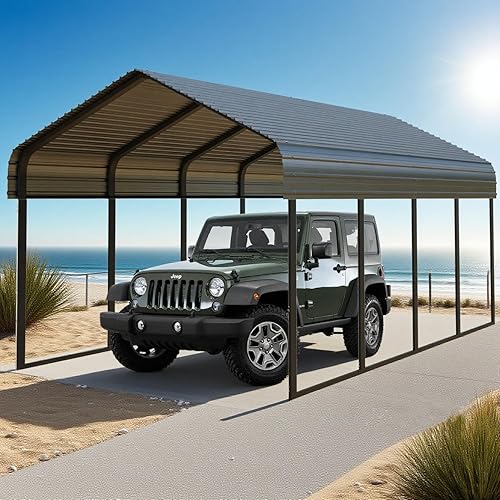 10x20 FT Heavy Duty Carport, Black Metal Carports Kits for Garage - Aluminum Car Ports with Steel Shelter Frame Cover for 1 Car or Boats