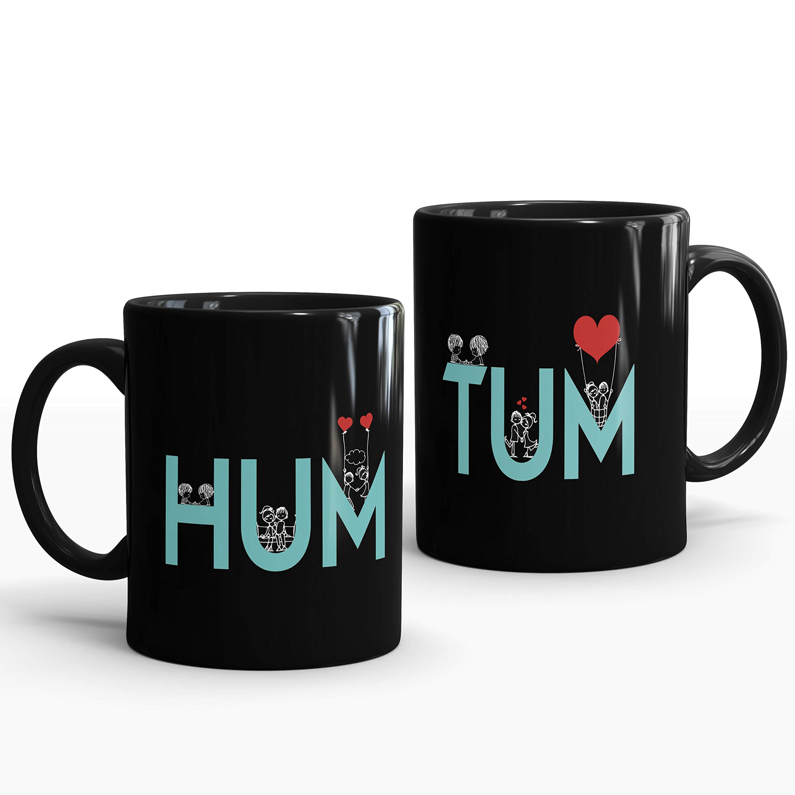 Gift Arcadia Ceramic Hum Tum Coffee Mug - Valentine Gift for Couple,Girlfriend,Boyfriend 325ml Capacity Microwave and Dishwasher Safe Coffee Mug - 2 Pieces, Black (A093)