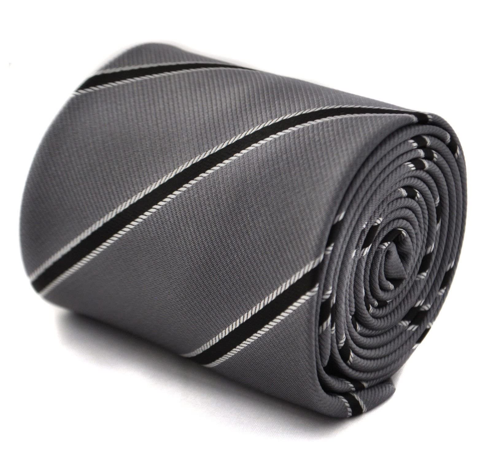 Frederick Thomas Grey and Black Club Striped Tie with Rear Floral Design, 147cm Length Necktie Ideal of for Weddings and Formal Events