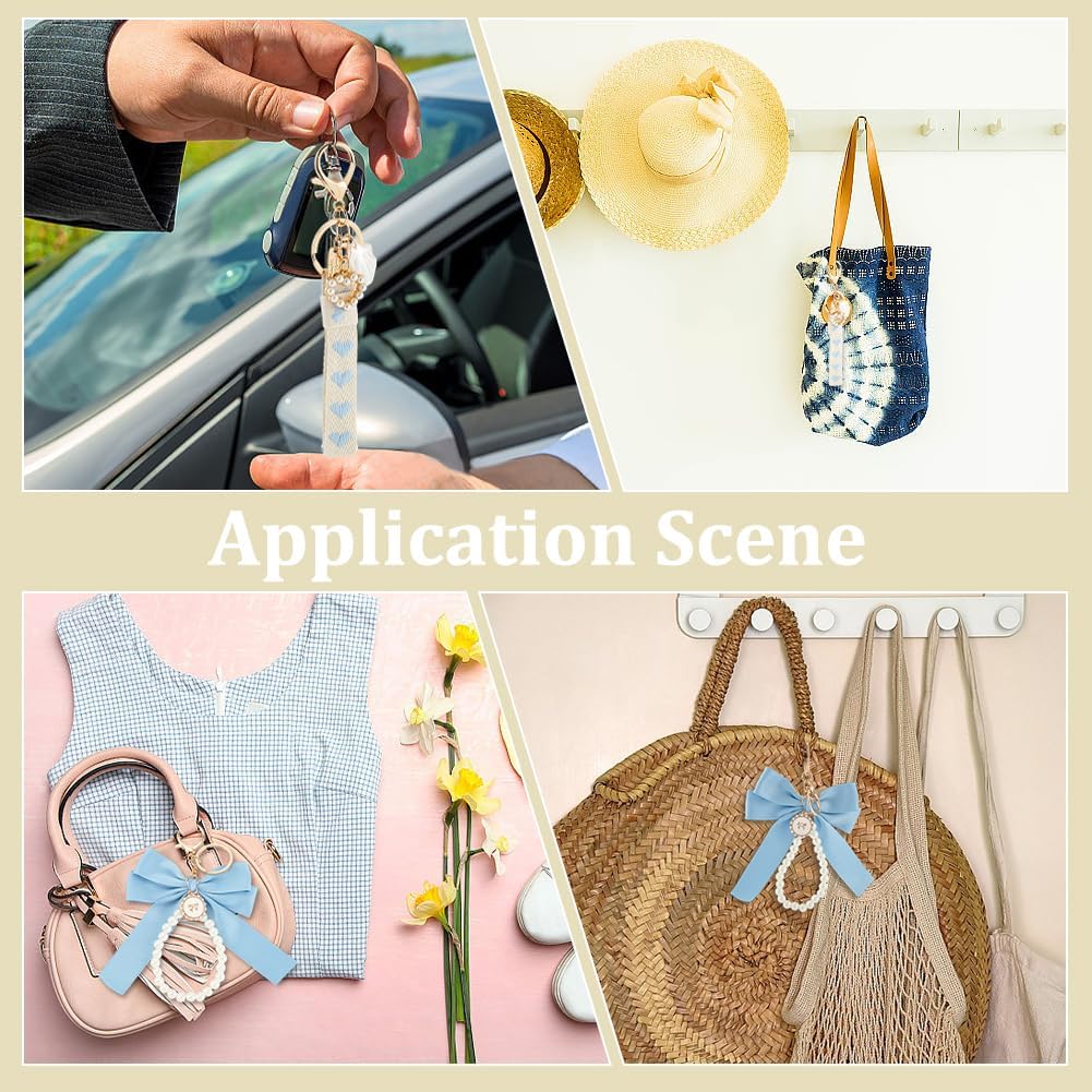 CRASPIRE Bowknot Pearl Keychain Blue Women with Wristlet Bracelet Lobster Clasp Cute Bag Charm Keyri
