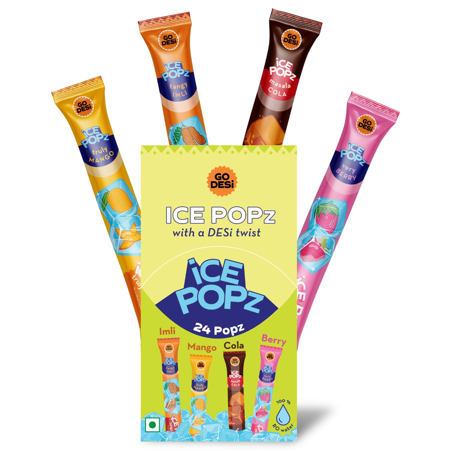 GO DESi Ice Popz, Pack of 24 x 35 ml each, Assorted 4 Flavours, Fruit Ice Popsicles, Ice Pops, Masala Cola, Mango, Very Berry, Tangy Imli Flavors