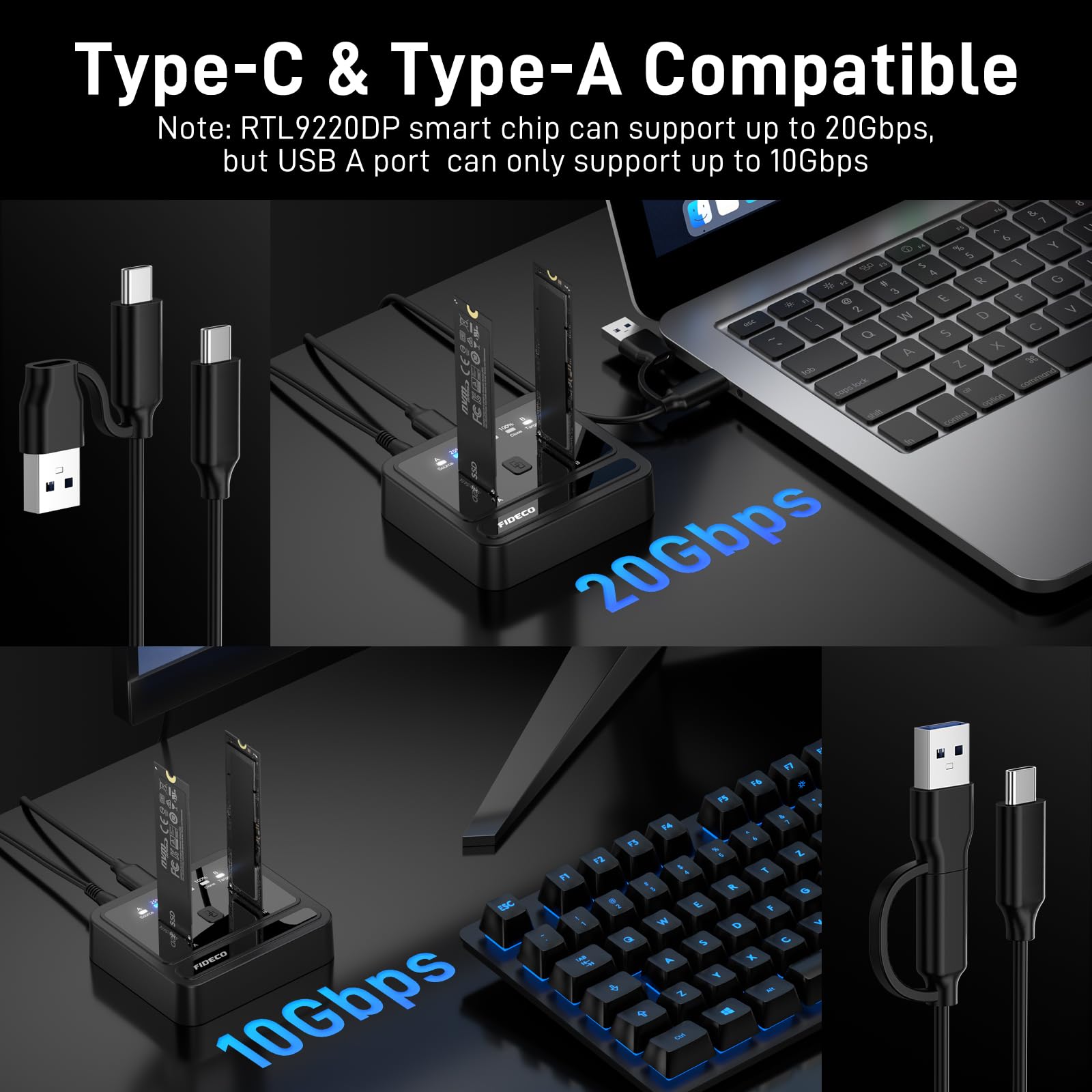 FIDECO Base de Connexion M.2 NVMe SATA SSD, USB 3.2 Gen 2, 20Gbps Station d'accueil pour Disque Dur à Double Baie, Prend en Charge Le clonage Hors Ligne, UASP et Trim