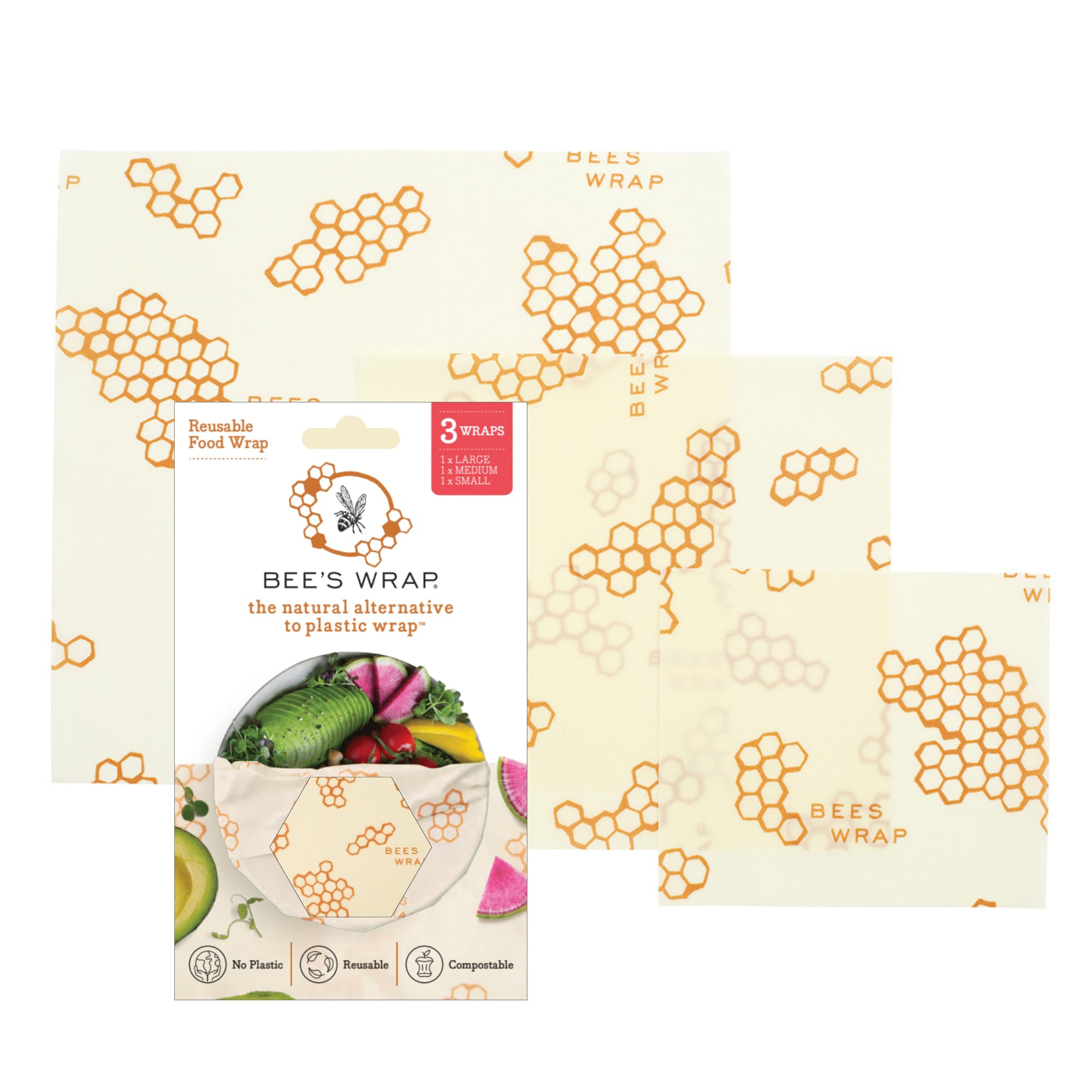 Bee's Wrap Beeswax Wraps for Food - Honeycomb 3 Pack (S, M, L) Made in USA Reusable & Organic Food Wraps, Sandwich Wrap & Bowl Covers - Eco-Friendly Alternative to Aluminum Foil & Plastic Wrap