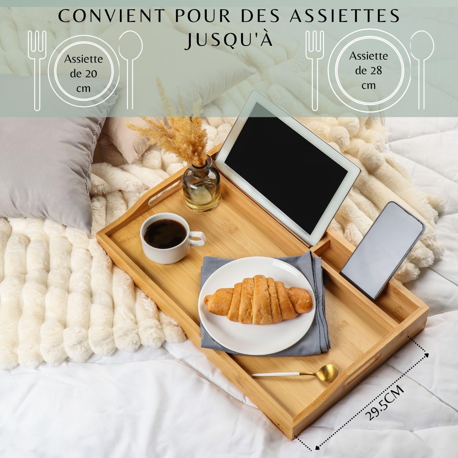 Daniks Plateau de Lit en Bois avec Pieds Pliables et Support pour Téléphone et Tablette, Table de Petit-Déjeuner pour Ordinateur Portable, Apéritif, Collations et Canapé