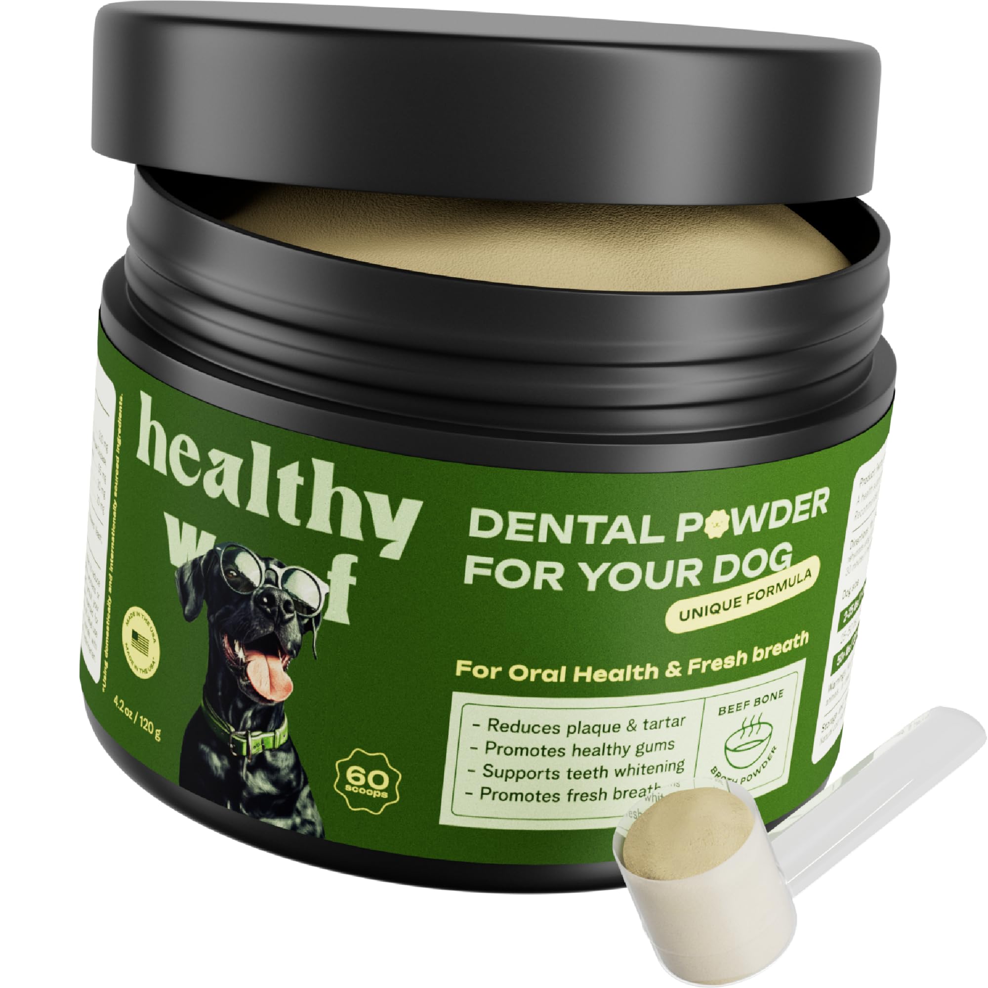 Healthy Woof Dental Powder for Dogs - Complete Oral Care Bone Broth, Dog Teeth Cleaning Powder, Tartar Remover, Fresh Breath, Sensitive Stomach Support, Dental Care, 4.2 oz, 60 Scoops