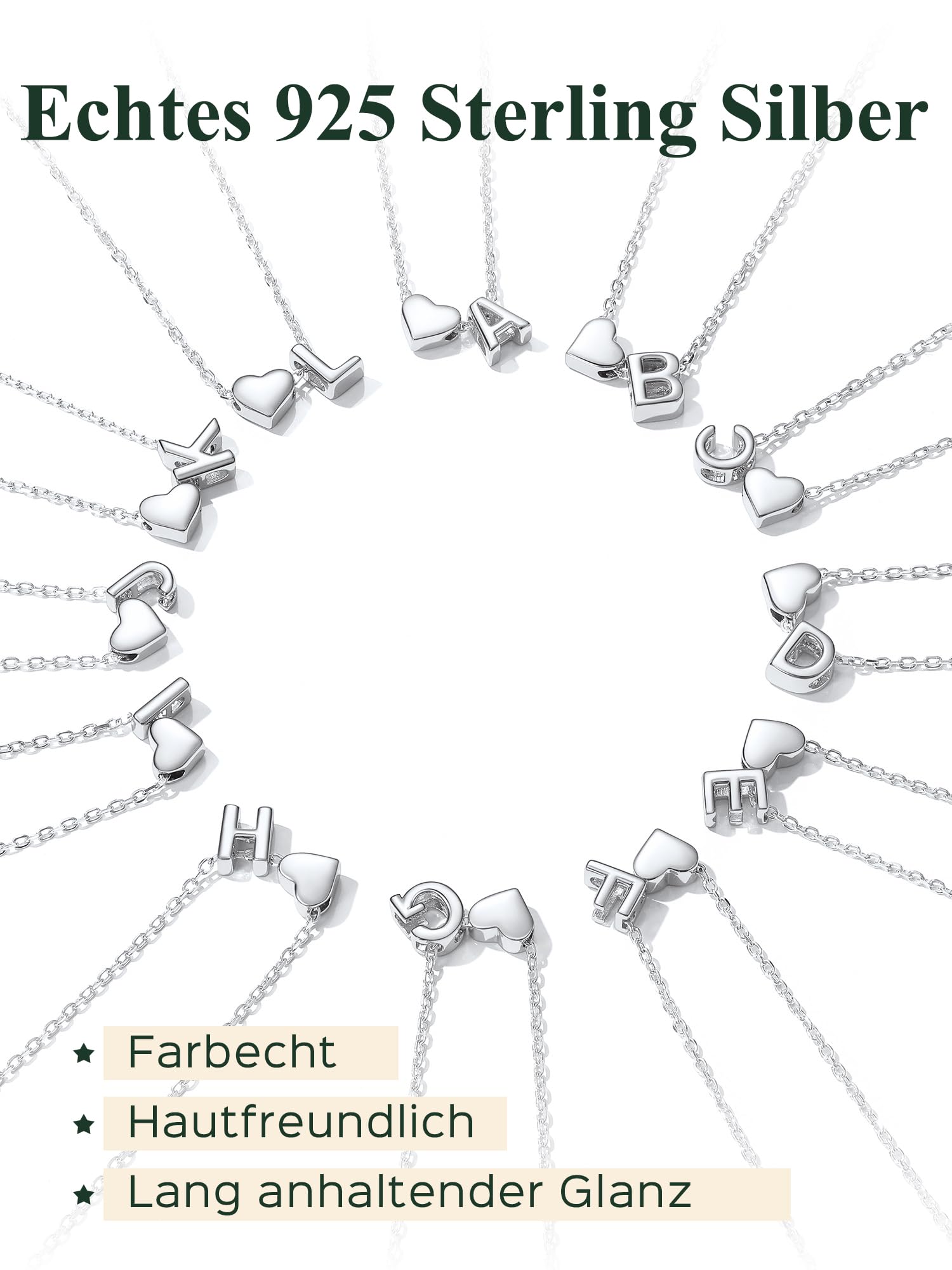 ChicSilver 925 Silber Kette mit Buchstabe Herz, Halskette Silber/Gold Damen | Silberkette mit Initialen A-Z Buchstaben Anhänger, Kleine Herzkette Modeschmuck für Frauen Mädchen