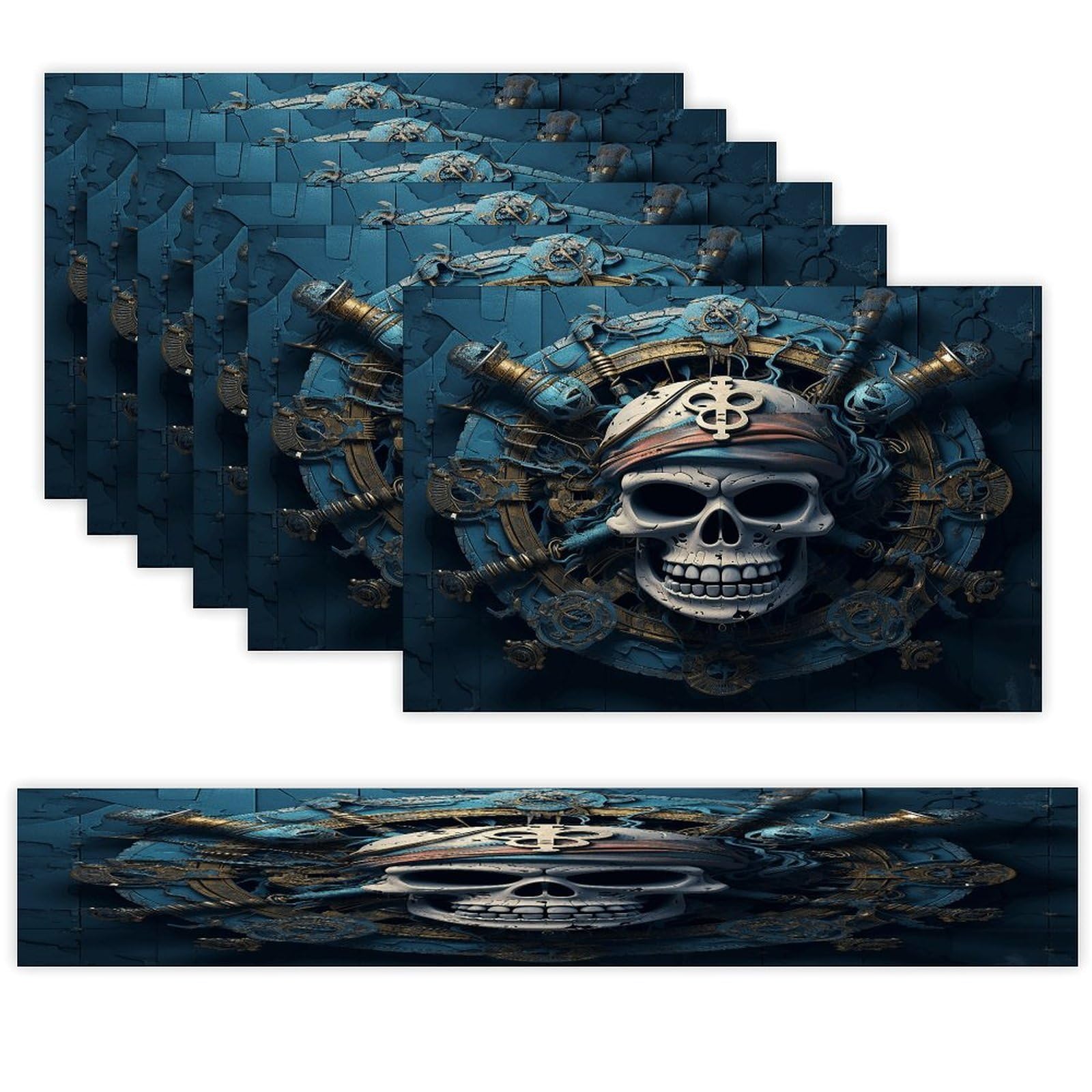 Skeleton Pirate Table Runner and Placemats Set of 6 Heat Resistant Washable Linen Place Mats Farmhouse Long Table Runner Xmas Kitchen Table Mats Art Dining Table Decor for Daily Use
