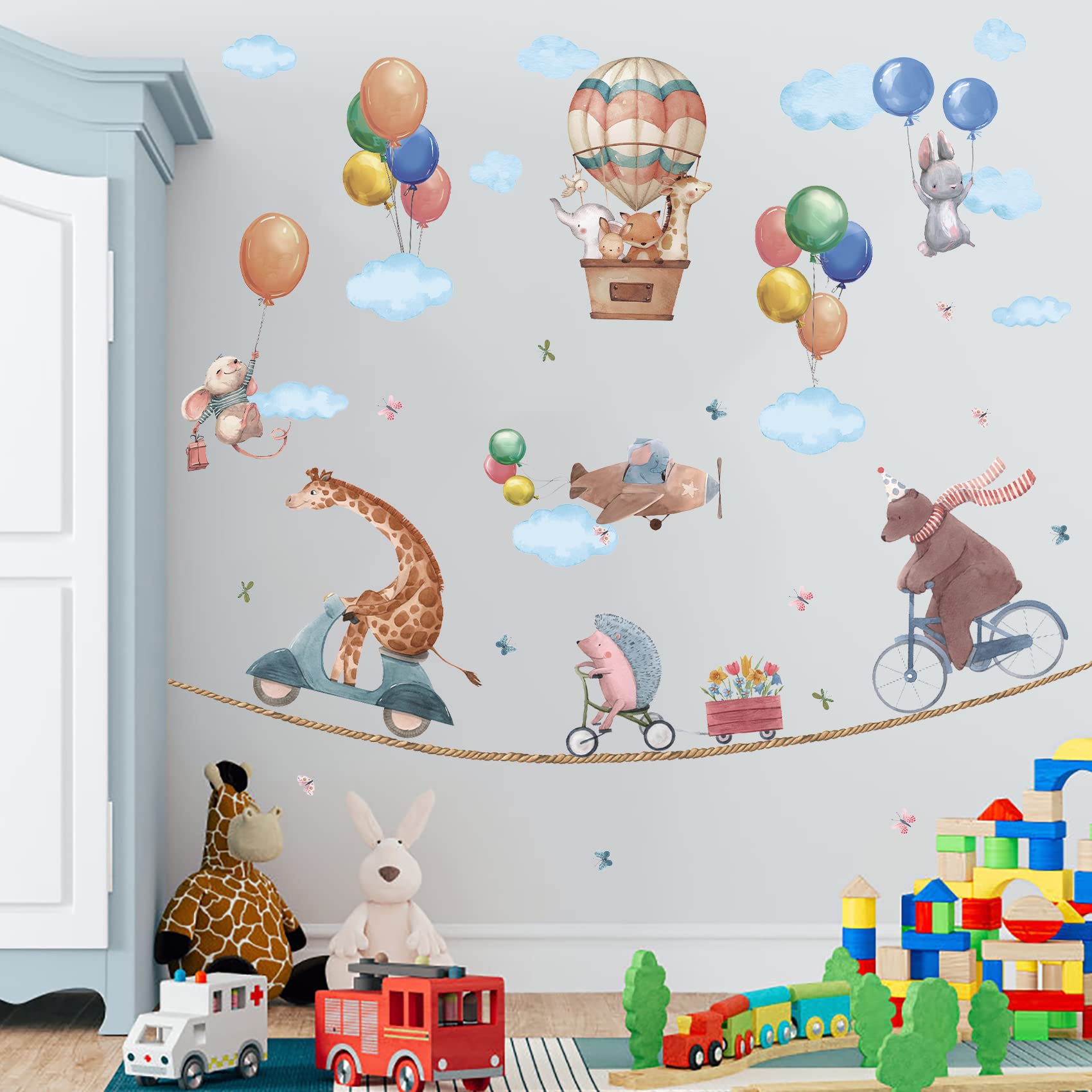 HPNIUB 40 Pezzi Animali Adesivo da Muro,Colorato Adesivi Murali per Camera Bambini,Mongolfiera Sticker da muro,DIY Stickers Animali Decalcomanie per Camera da Letto Asilo Nido Decorazione Murale