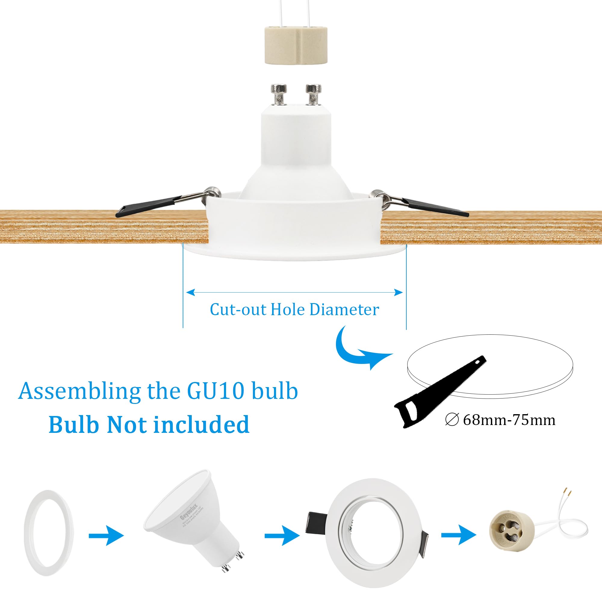 GeyouLux 10er Einbaustrahler GU10 Aluminium Schwenkbar Weiß Einbauspots Rund Lochdurchmesser 68-75mm Decken Einbaustrahler 230V