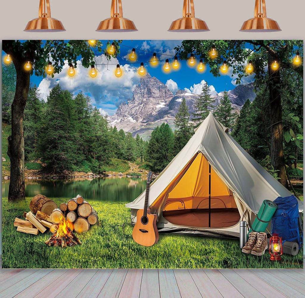 Camping Forest Backdrop 7x5FT Forest Camping Adventure VBS Photography Background Happy Camper Tent Party Decoration Banner Photo Shoot Props
