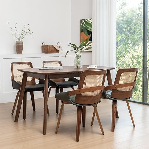 Miniatura 4 de Juego de 4 sillas de cocina y comedor, sillas de comedor verdes con marco de madera curvada de nogal, respaldo ergonómico de ratán, brazos curvos,