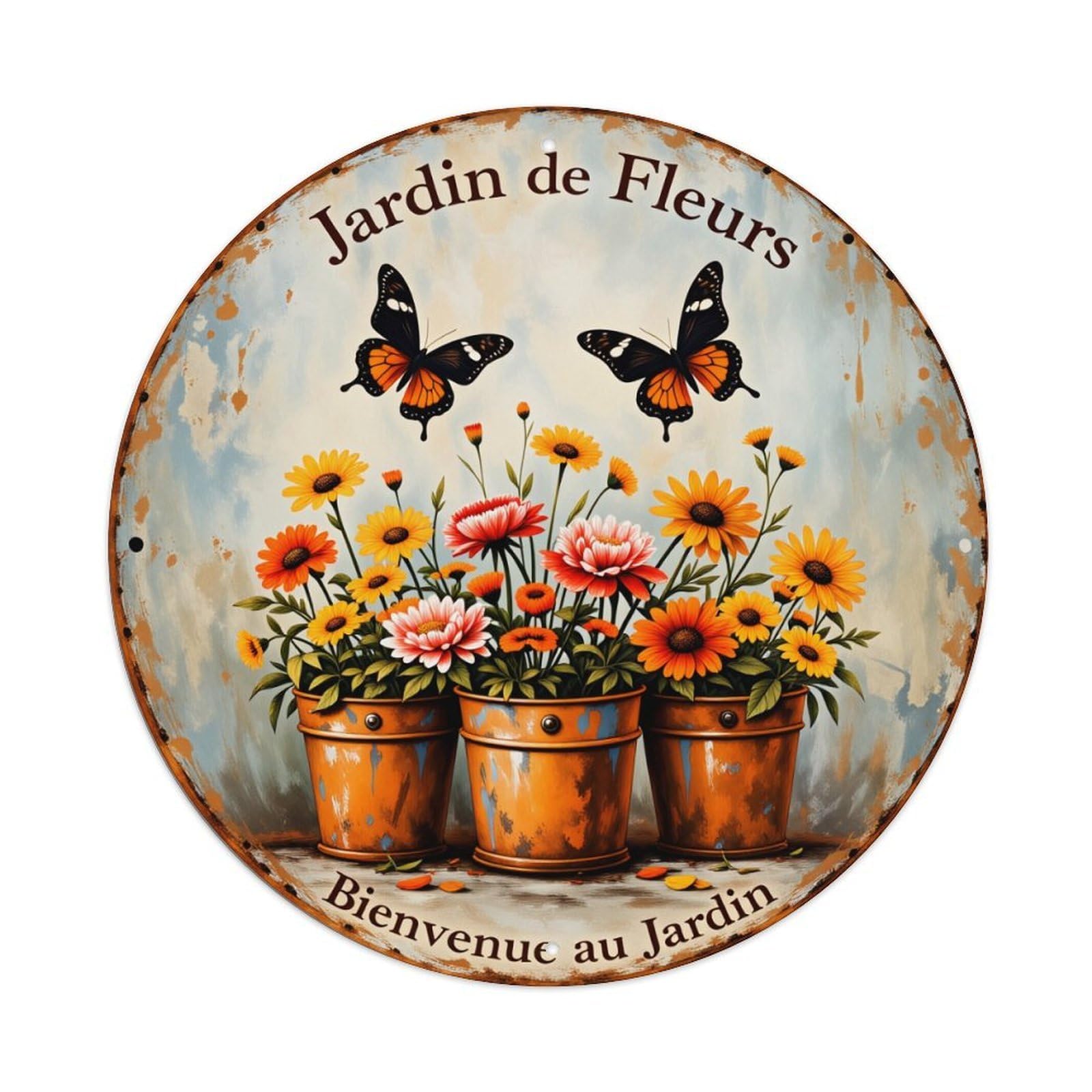Flowers Butterflies Pots Garden Welcome Round Tin Sign Vintage Style Metal Sign Home Bar Garden Wall Plaque Decor Metal Poster 8x8 Inch