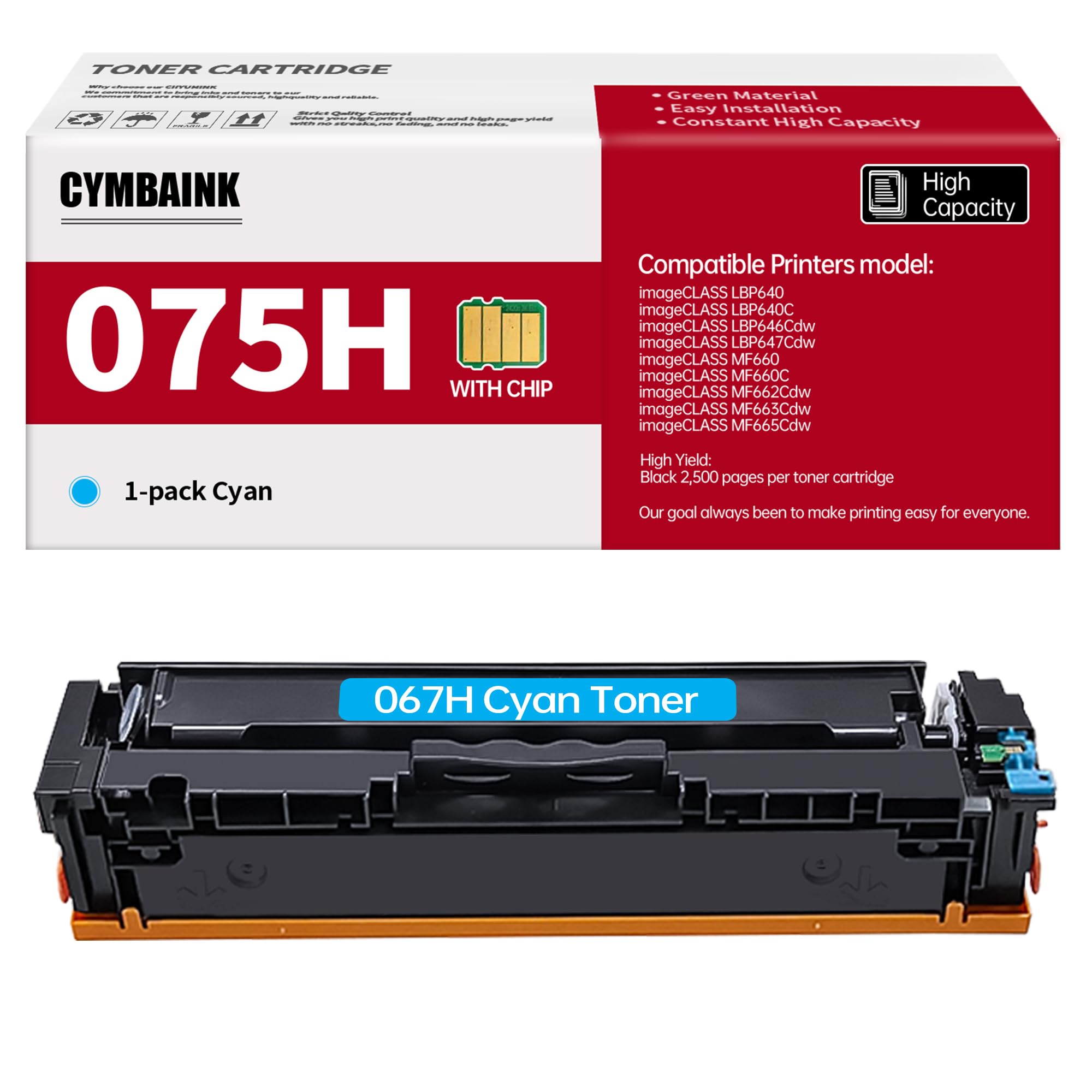 Cyan 075H 075 MF660 LBP640 Replacement for Canon 075 075H Toner Cartridge Compatible with Canon Color imageclass MF665Cdw, MF663Cdw, MF662Cdw, LPB647Cdw, LBP646Cdw Printer（Cyan）