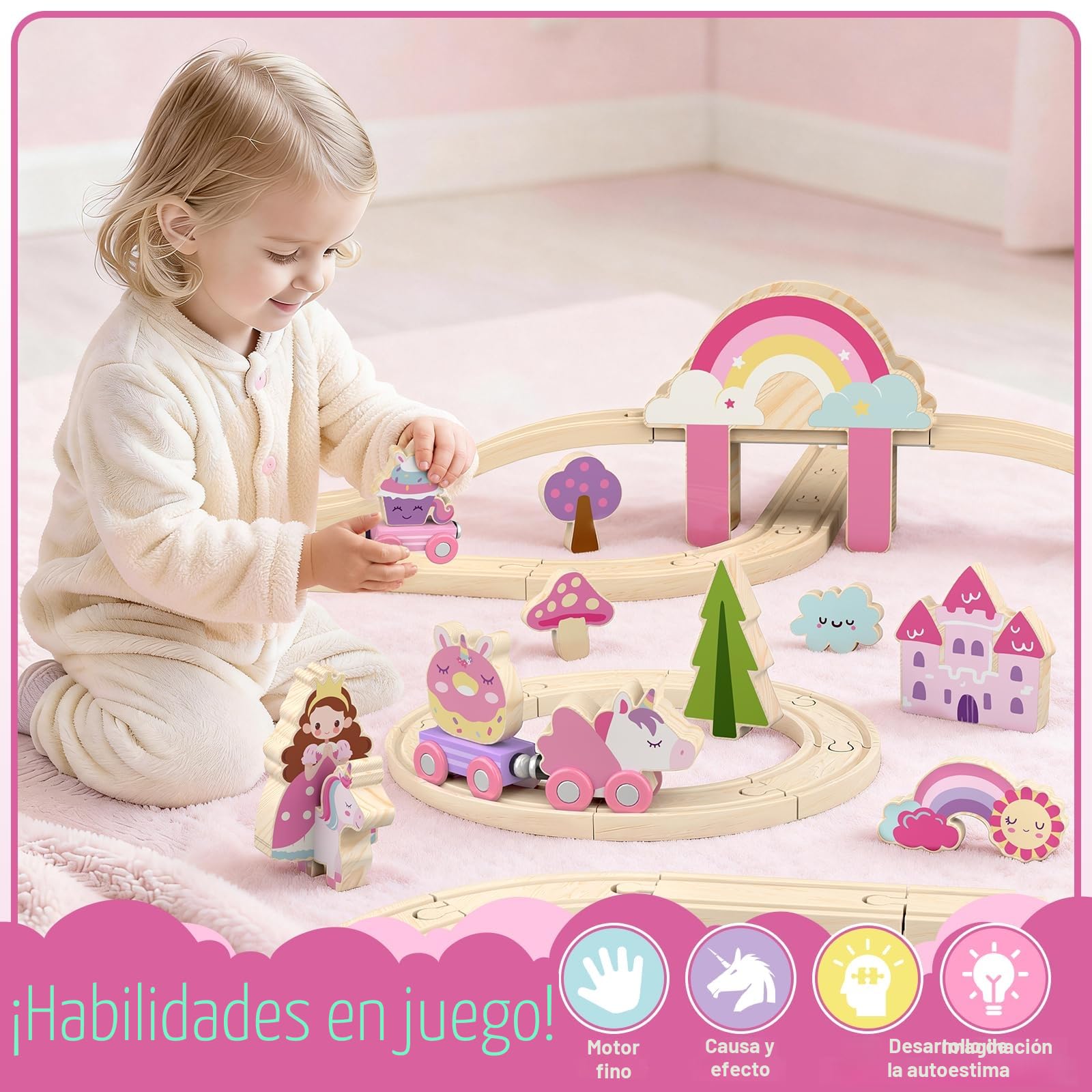 Lehoo Castle Tren Madera Juguete, Juguetes de Unicornio para Niñas, Juguete de Tren Compatible con Thomas, Brio y Hape, Juguetes para Niñas de 3 4 5