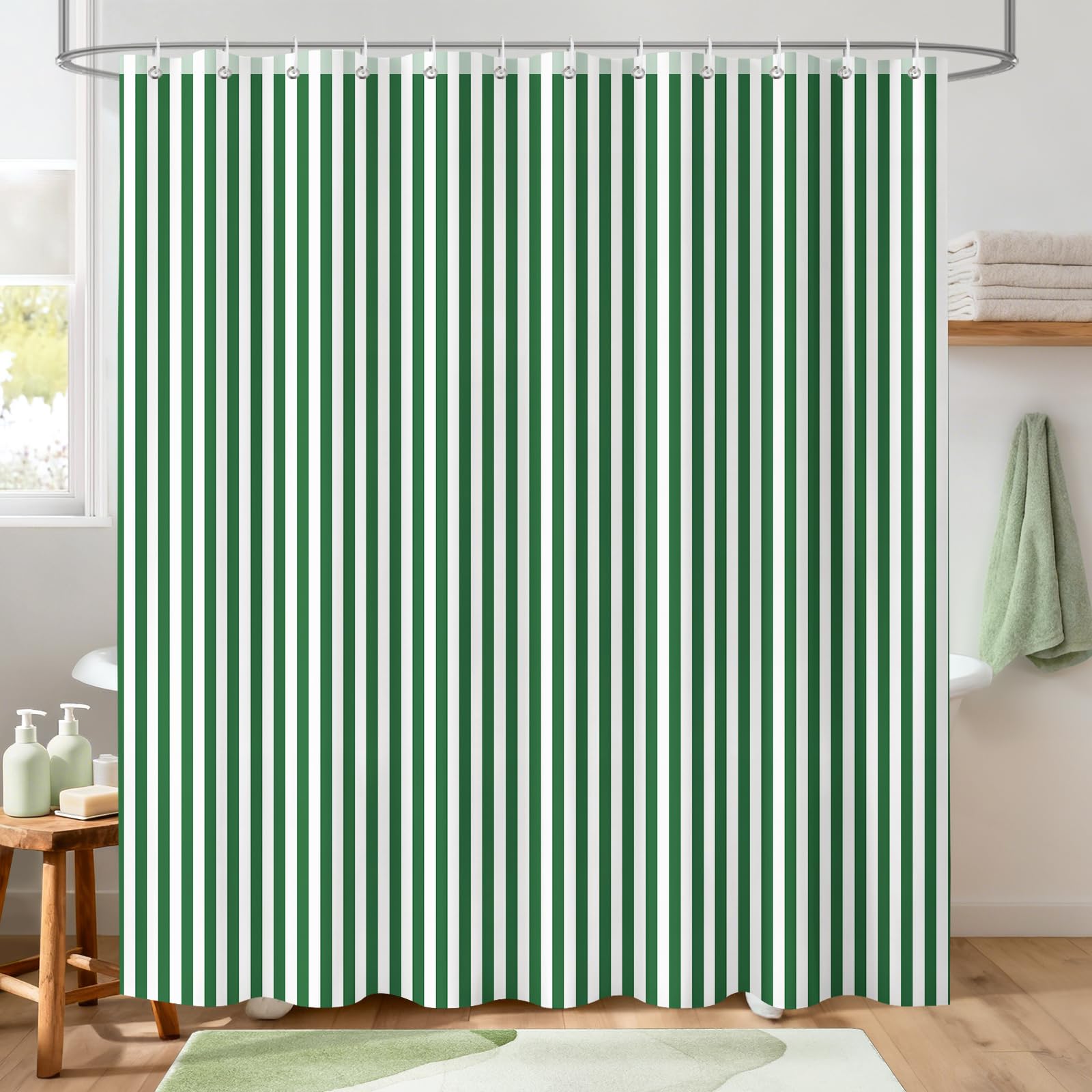 Hopomoon Green and White Striped Shower Curtain,Vintage Green Vertical Striped Geometric Waterproof Polyester Fabric Bath Curtain with 12 Hooks 72 x 72 inch