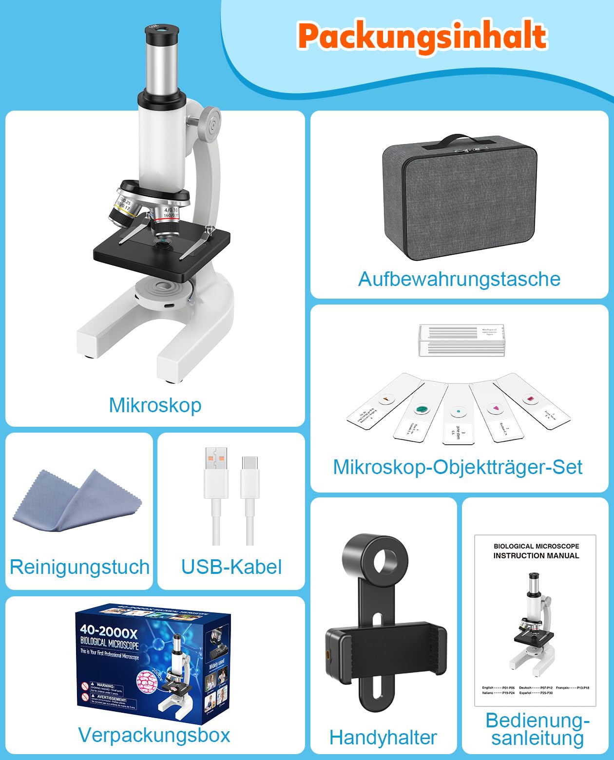 40X-2000X Mikroskop für Kinder Schüler Erwachsene: Biologie Monokulares Mikroskop für Labor, Zuhause und Schule - Microscope mit Koffer, Objektträgern, Telefonhalter - Geschenk für Kinder AB 6