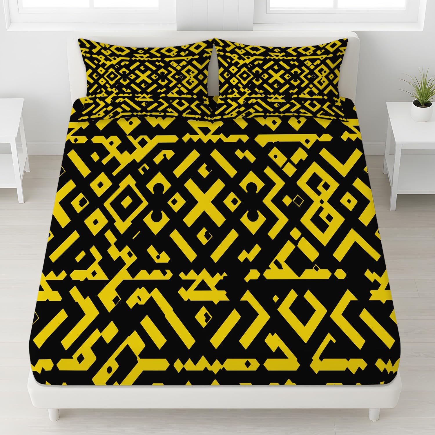 Nowoczesne geometryczne prześcieradło z gumką żywe żółte kwadratowe w kształcie litery X zestaw pościeli 30 cm głęboka kieszeń mikrofibra oddychające prześcieradło pojedyncze dla dzieci nastolatków