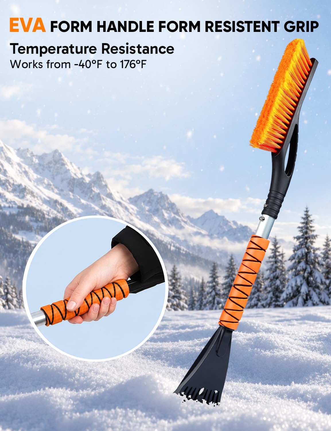 EcoNour Brosse à Neige de Voiture de 68,6 cm (Lot de 1) | Grattoirs à Glace pour Pare-Brise et fenêtre de Voiture | Grattoir à Glace avec poignée Ergonomique en Mousse - Accessoires d'hiver (Orange)