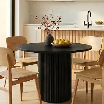 36" Pedestal Dining Table, Black Fluted Wood Concrete Base for 2-3 | Waterproof scratch resistant Round Dining Table with easy clean surface for kitchen, living room and daily dining space