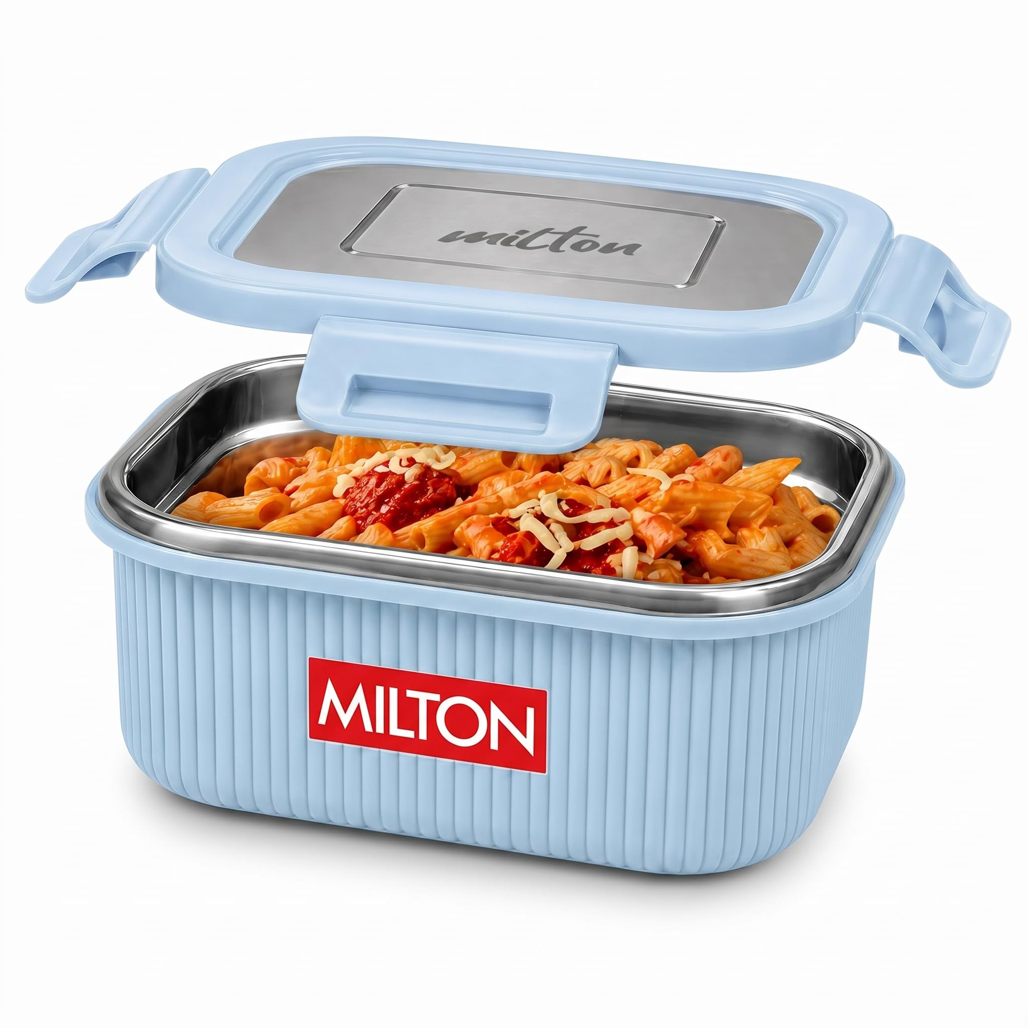 MILTON Cool Touch Square 400 Microwave Safe Stainless Steel Container, 380 ml, Blue, Food Grade, BPA Free, Refrigerator Safe, Odour Free
