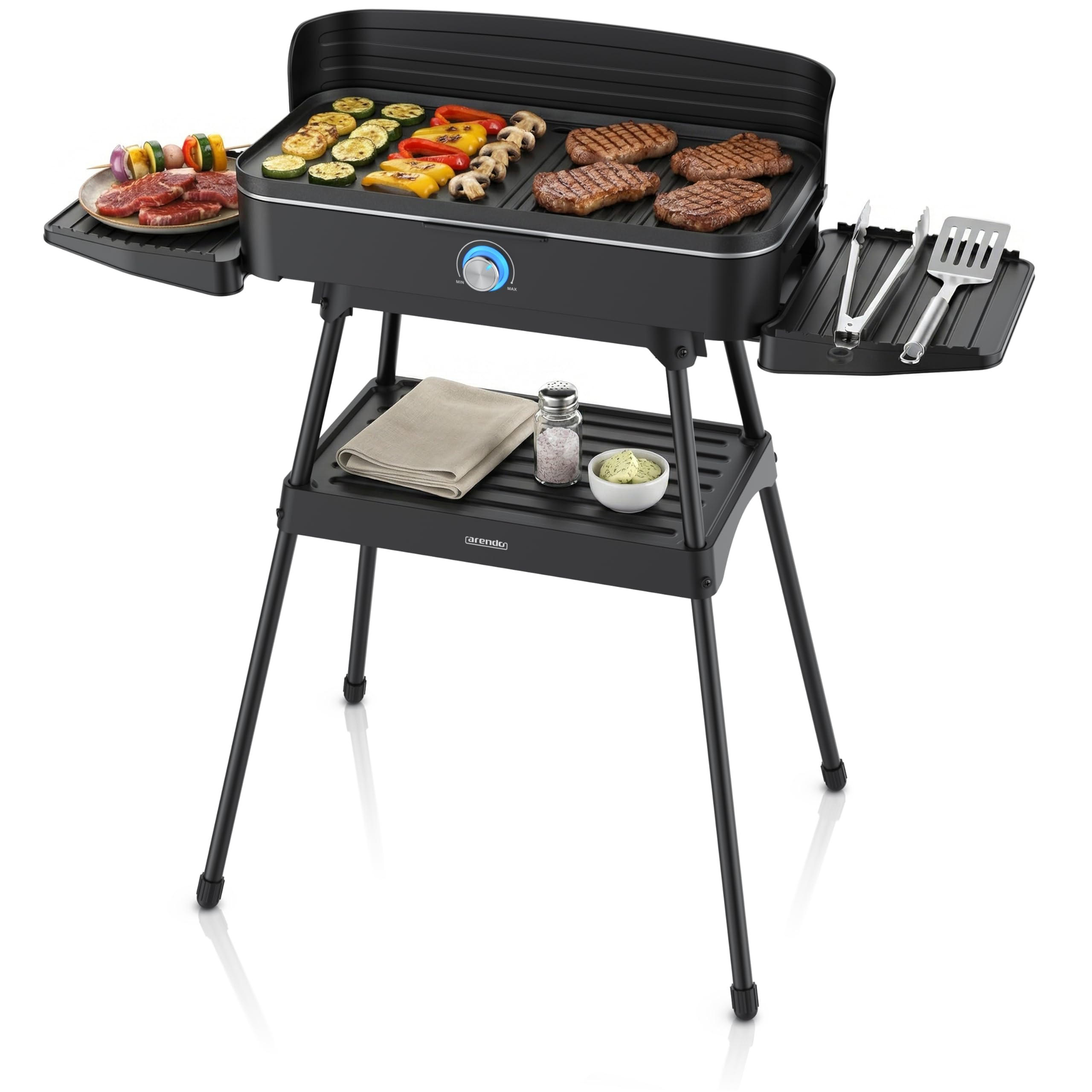 Arendo - Tischgrill Elektrogrill Edelstahl – 2200W Leistung – Gleichmäßige Temperaturverteilung – Geteilte Garflächen – Antihaft-Beschichtung – Standfuß mit Ablage – Spritzschutz – Für Balkon Terrasse