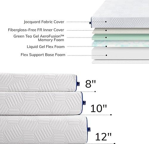 Miniatura 3 de Colchón matrimonial de espuma viscoelástica de 8 pulgadas, colchón con infusión de gel de té verde, funda acolchada extraíble, firmeza media,