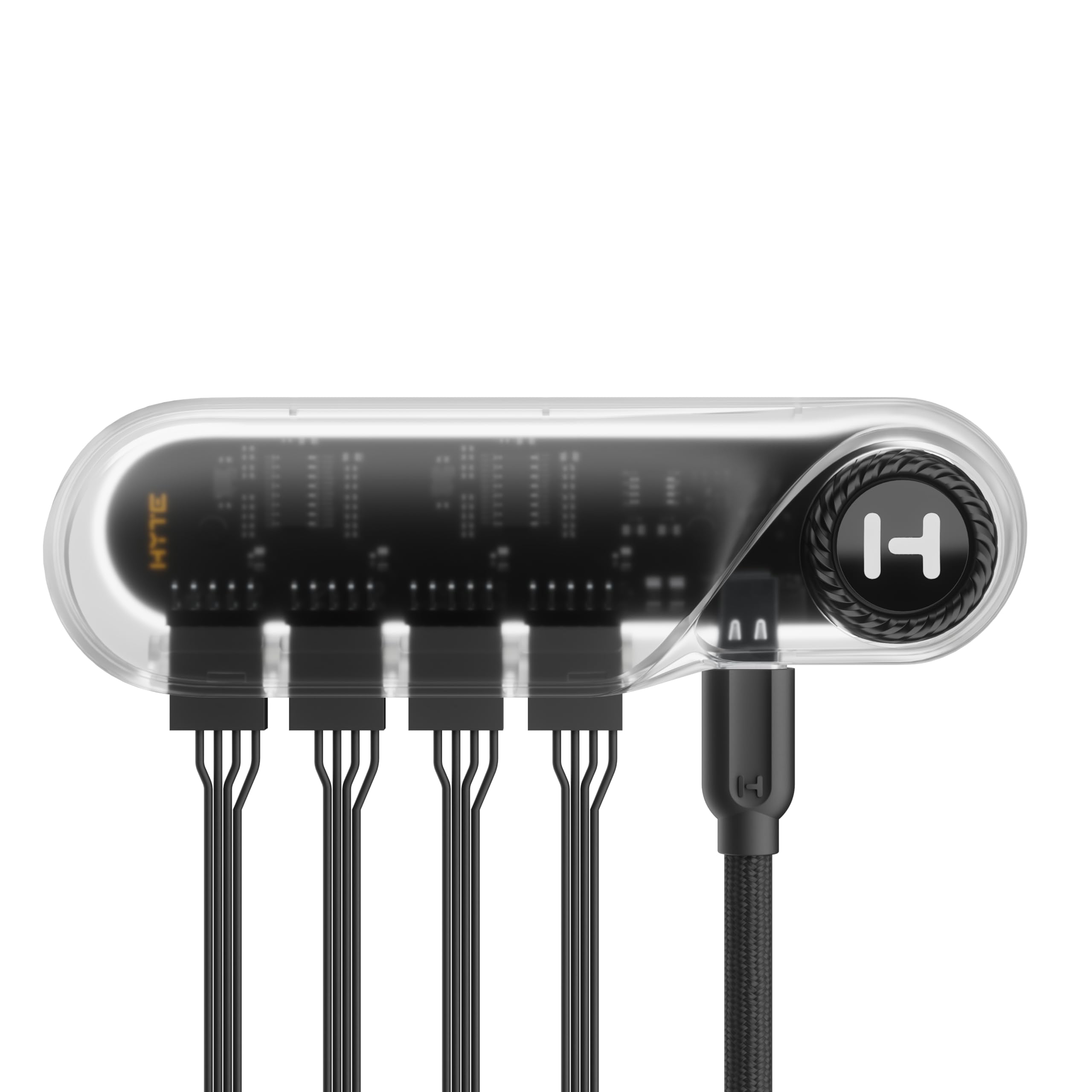 Hyte Hub USB interno alimentato - 4 intestazioni di uscita USB 2.0, estensione USB della scheda madre USB a 9 pin, magneti extra forti e nastro adesivo incluso, moderna estensione interna - cristallo