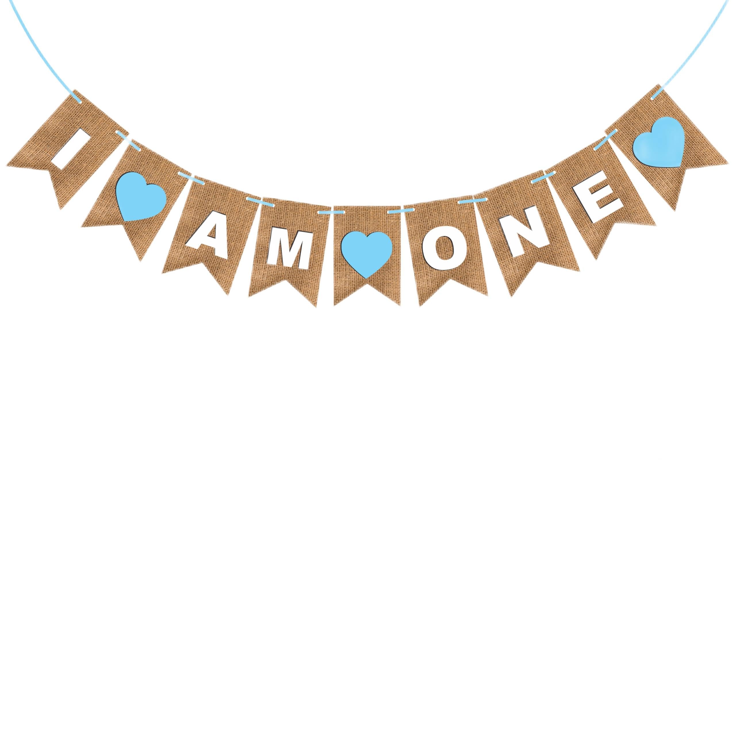 Wobbox First Birthday Party Banner Reverse Cutting "I am One" Party Decoration, Blue, Birthday Decoration Item