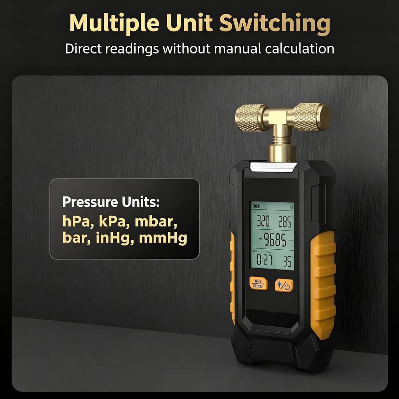 Manómetro De Vacío Digital, Detector De Fugas con Calibración Automática, con 6 Unidades Conmutables, Precisión De ±0,1%, con Pantalla LCD Retroiluminada, Herramienta De Diagnóstico HVAC