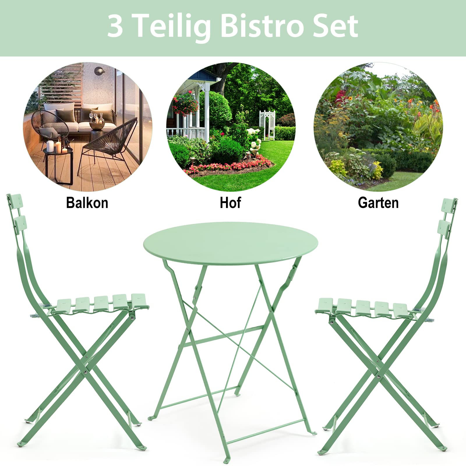 AVAWING - Set da balcone e giardino in 3 pezzi, con tavolino e 2 sedie pieghevoli (verde)