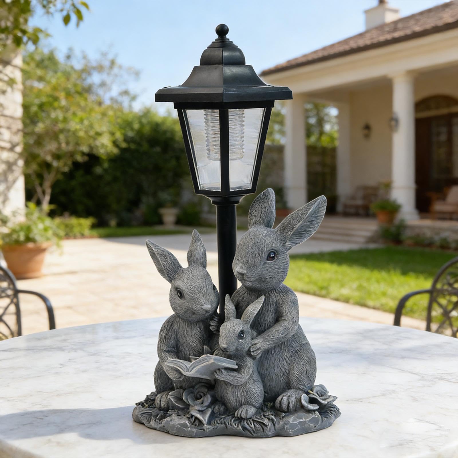 Statua di Coniglio, Ornamento da Giardino in Resina Resistente alle Intemperie, Lampada da Paesaggio
