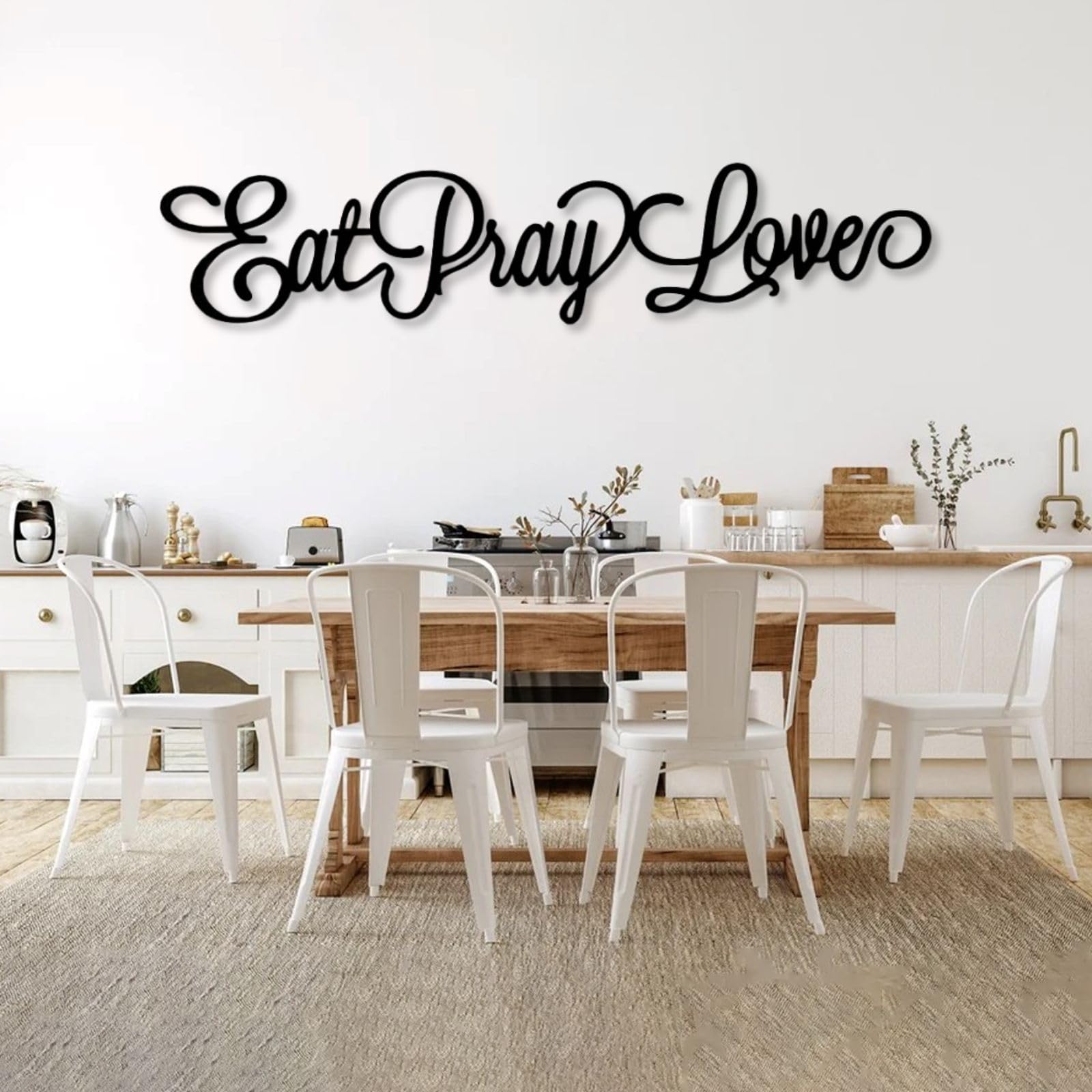 Decorazione murale in Metallo, Arte murale, Parole Eat Pray Love, Scritta Kitchen Word, insegna per Cucina, 41"X9" (105X22 cm), Oro.