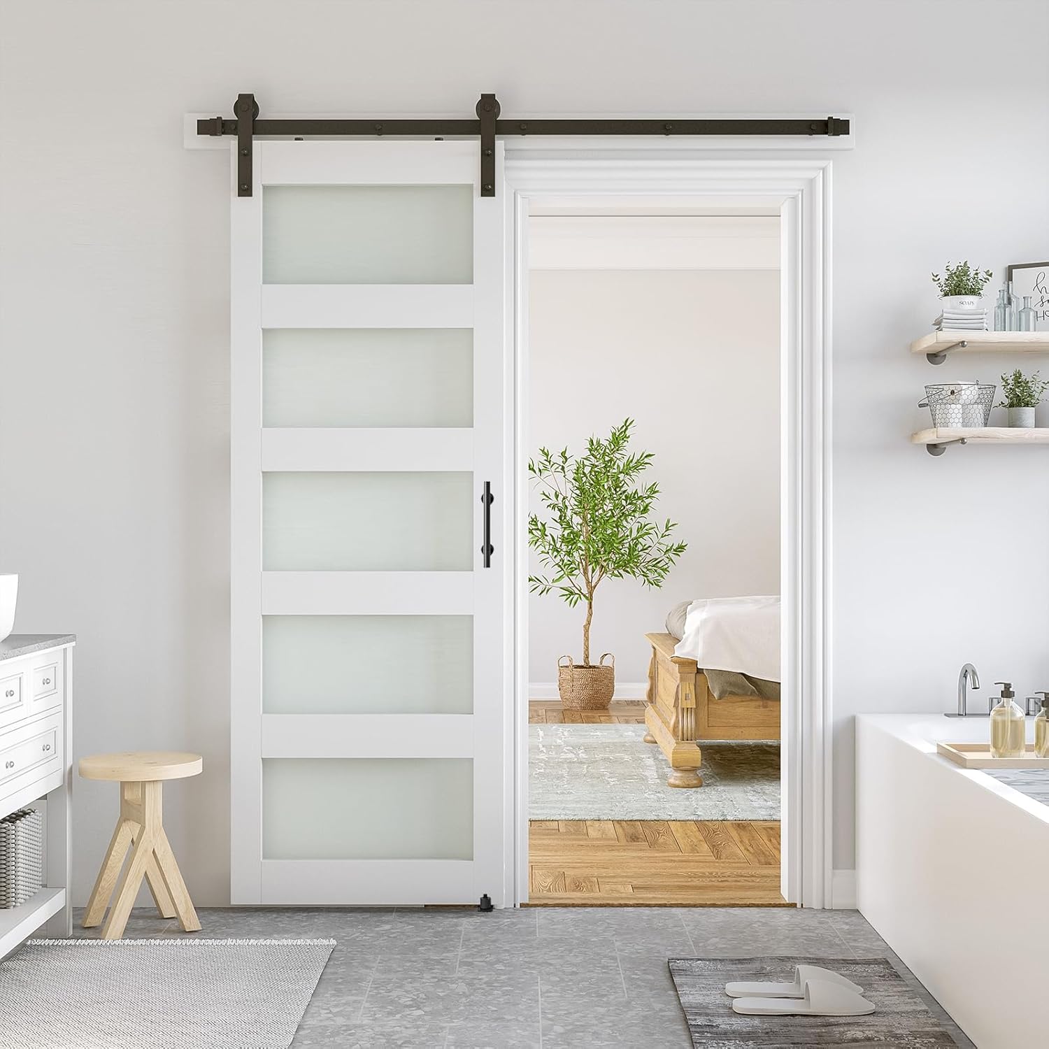 SmartStandard 28 x 84 in Glass Barn Door with 5FT Sliding Hardware Kit & Handle, Pre-Drilled Ready to Assemble, Waterproof PVC Coating, White, 5-Panel Glass 28"x84" Door + 5' Track Kit White