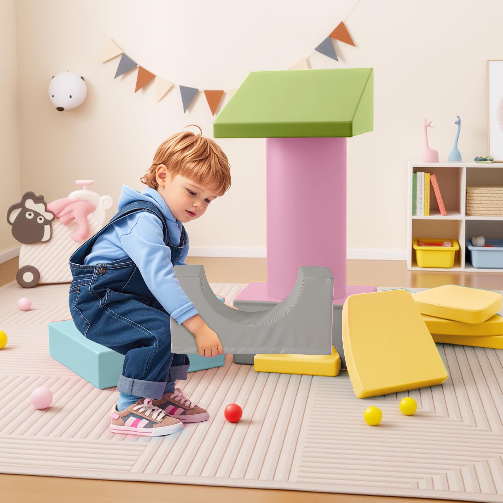FANTASK 10 TLG. Schaumstoff Bausteine, Riesenbausteine aus PU, Großbausteine weich zum Klettern & Rutschen, Kletterblöcke Indoor für Kinder ab 1 Jahr (Macaron)