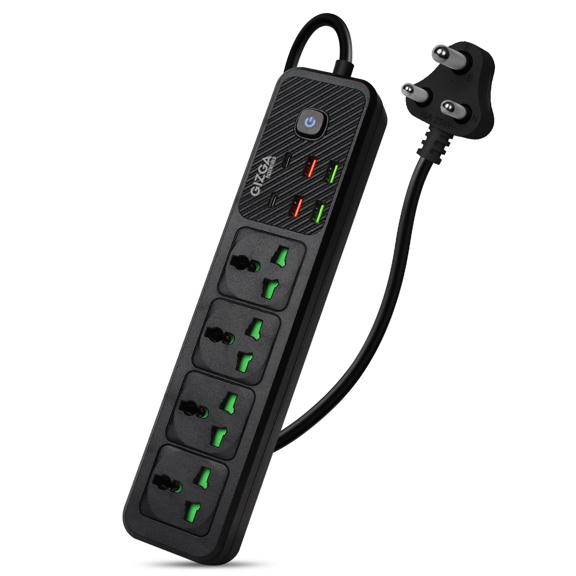 Gizga Essentials 2500W/10A Extension Board | Universal 4 Sockets with 2 Type C & 4 USB A for Office & Home Appliances | Surge Protector Power Strip with 2M Cord, Child Safety Shutter, Spike Guard-image-22