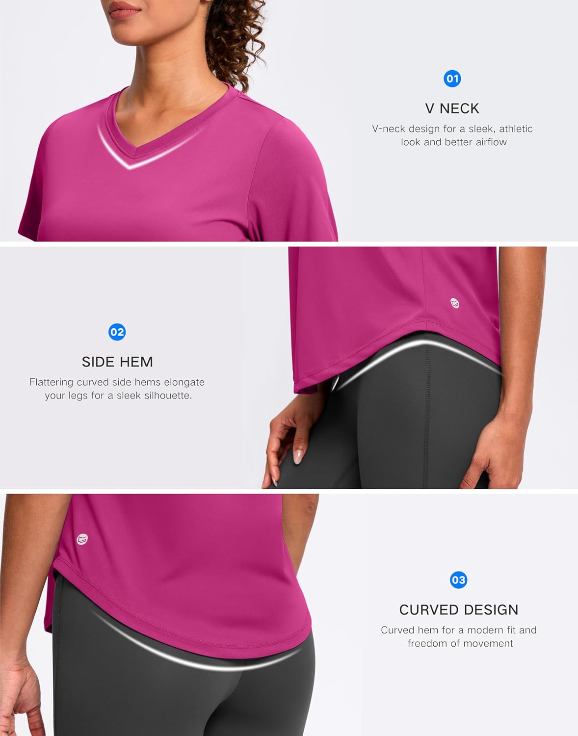 Womens Workout Tops V-Neck Short Sleeve UPF 50+ Sun Shirt Moisture Wicking Quick Dry Top for Gym, Running, Athletic - Image 4