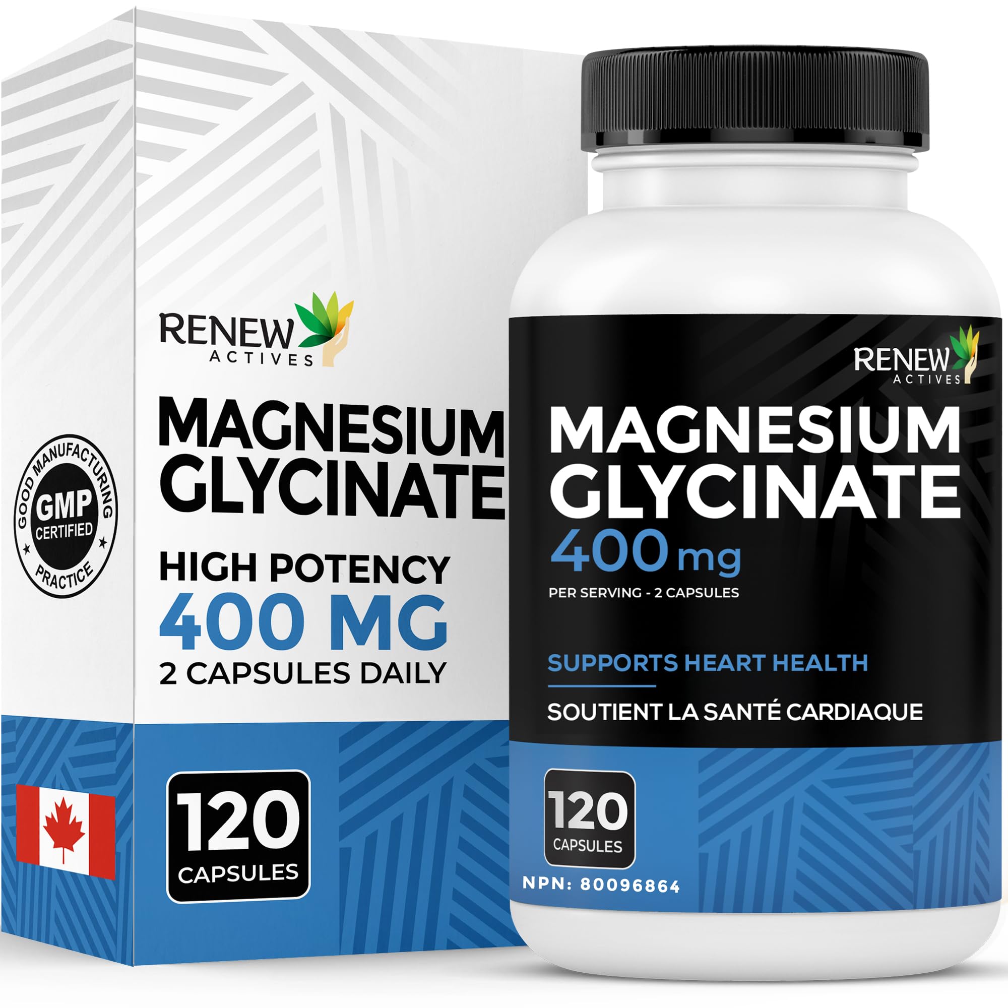 RENEW ACTIVES Magnesium Glycinate – 400mg Per Serving (2 Capsules) – High-Absorption Bisglycinate Form for Deep Relaxation, Muscle Recovery, Bone Strength, Energy & Sleep – Made in Canada – 120 Capsules