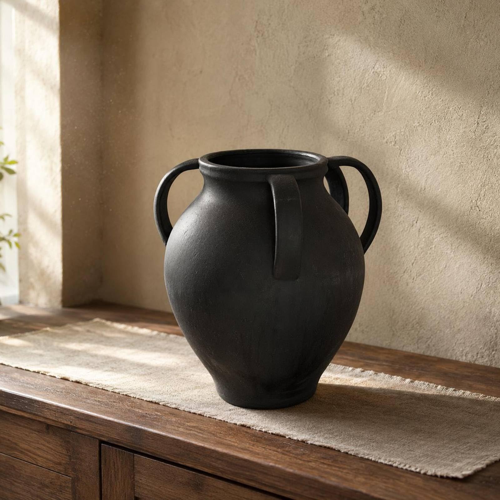 F Fityle Jarrón de Cerámica Jarrón Florero Vasija Centro de Mesa con Forma Redondeada Textura Artesanal Que Aporta Acabado Mate Adecuado para Flores Secas y Artificiales Salón Mesa Recibidor, Negro