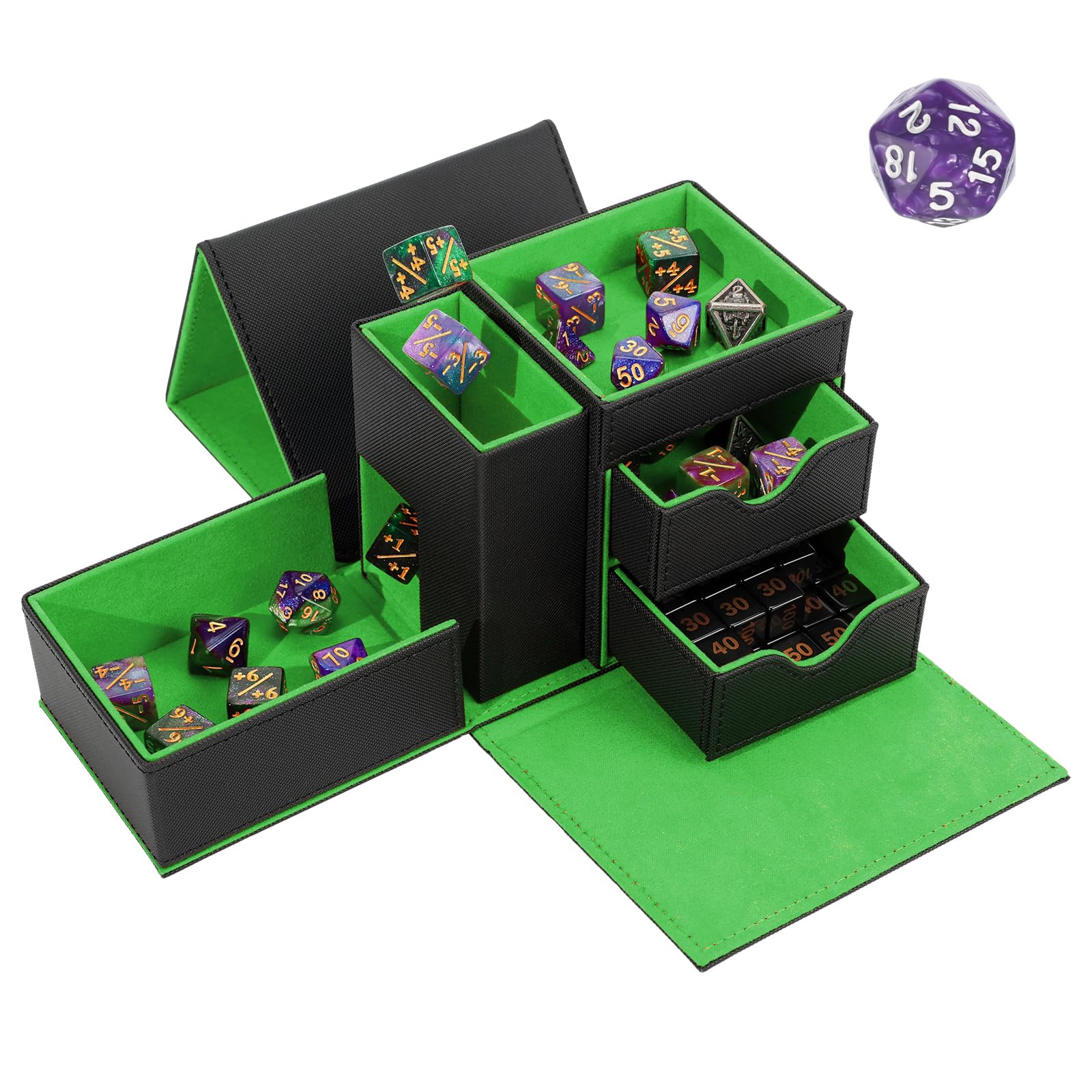 Dice Tray & Dice Tower Storage Box, 3 in 1 Dice Holder Case (Dice Rolling Tray, Dice Rolling Tower, Dice Storage Drawers), Leather Magnetic Closure DND Accessories Gifts for RPG MTG, Black/Green