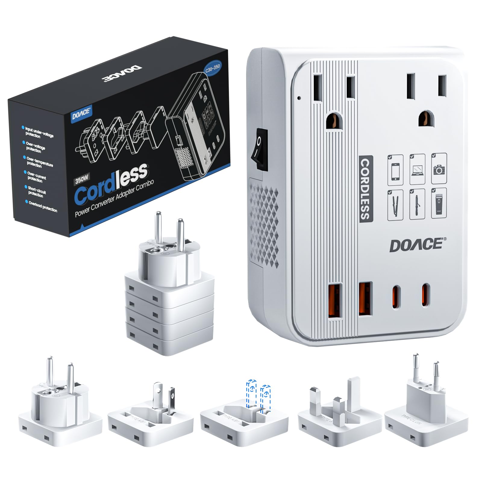 DOACE 220V to 110V Converter for European Travel - 350W Cordless Voltage Converter US to Europe, Power Converter with PD Chargers for Hair Straightener Shaver Toothbrush Phone