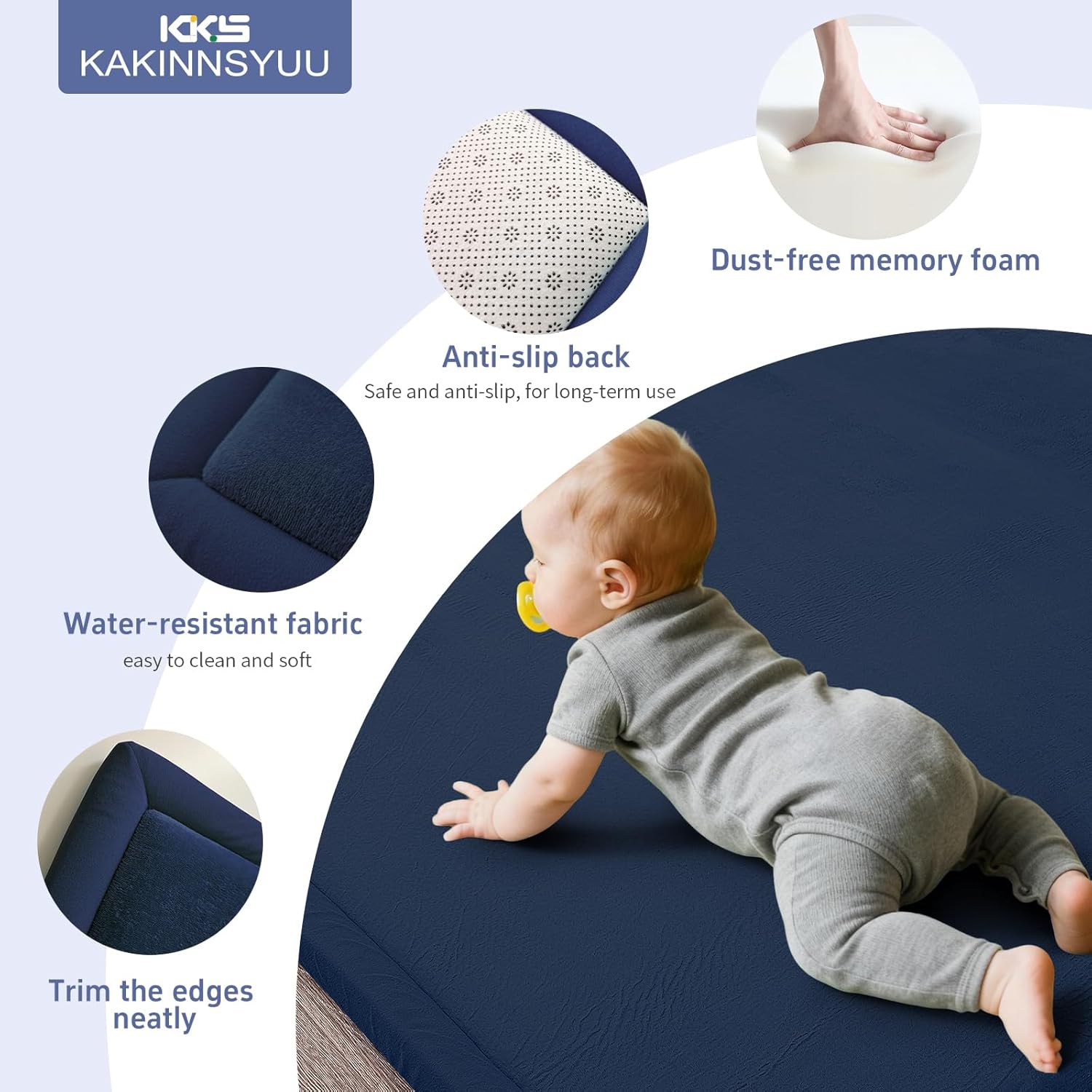 Baby Floor Mat, 2-Inch Extra Thick Playmat for Baby, 59"x39" Large Tummy Time with Powder-Free Memory Foam, Water-Resistant Flannel Cover Non-Slip Crawling Mat for Infants Toddlers, Navy Blue