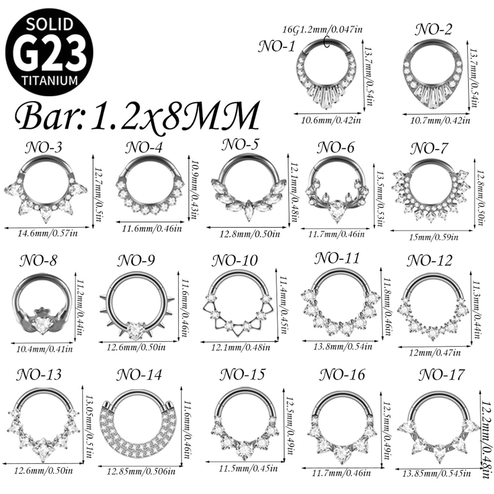 2 sztuki kolczyków koła do piercingu chrząstki G23, tytan, 16 Gauge, 1,2 x 8 mm, obręcz z cyrkonią, pierścień do przegrody nosowej, srebrny